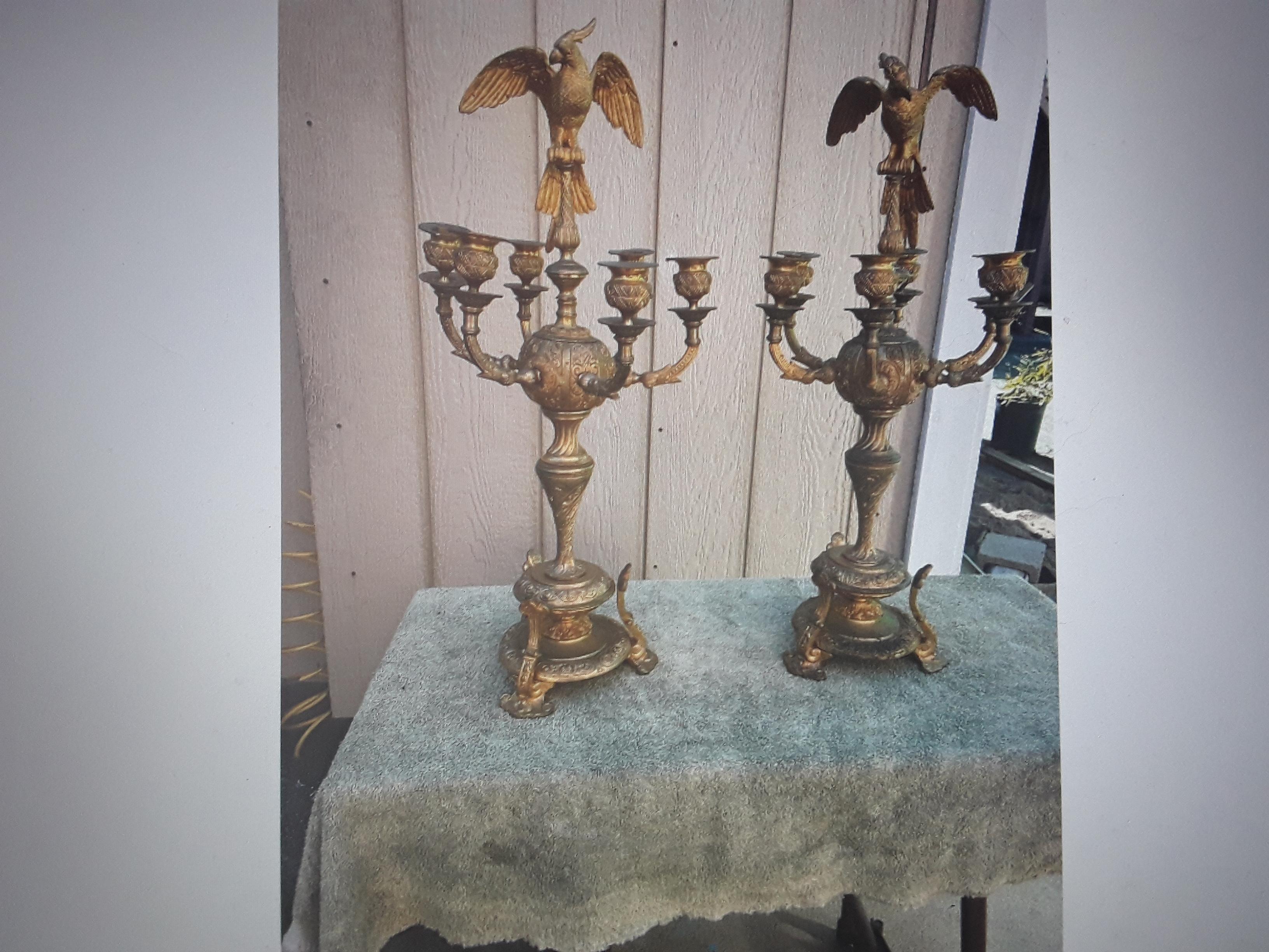 These are amazing and quite rare! Pair French Louis XVI style Antique Gilt Bronze Parrot Candelabra. Heavy and old. We know these are at least 19thc possibly earlier. This pair resembles the work of Charles Cressent. Opposing face parrots - ready to
