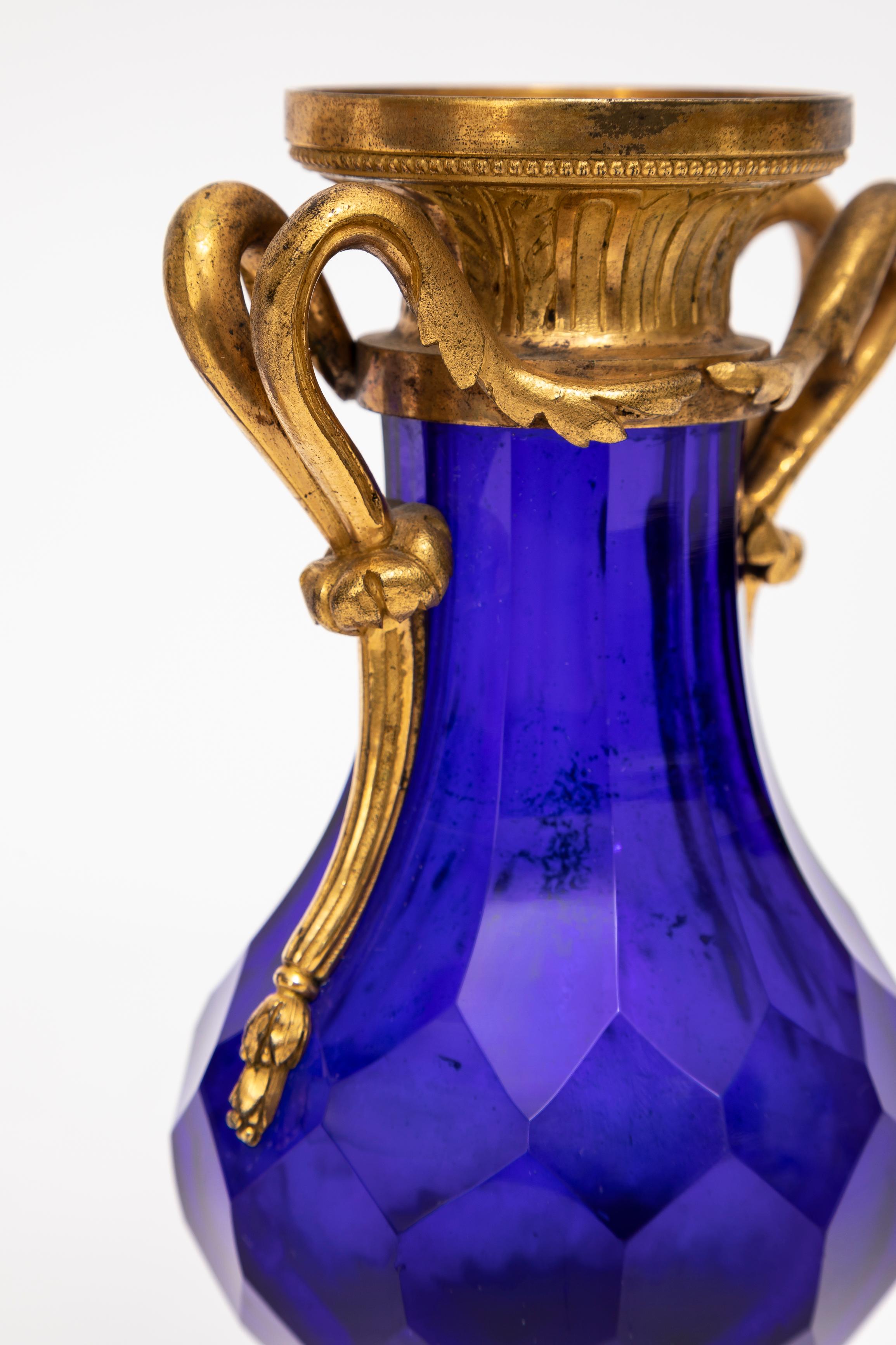 Pair 18 C. Russian Cobalt Blue Crystal & Ormolu Mounted Vases w/ Marble Bases For Sale 3