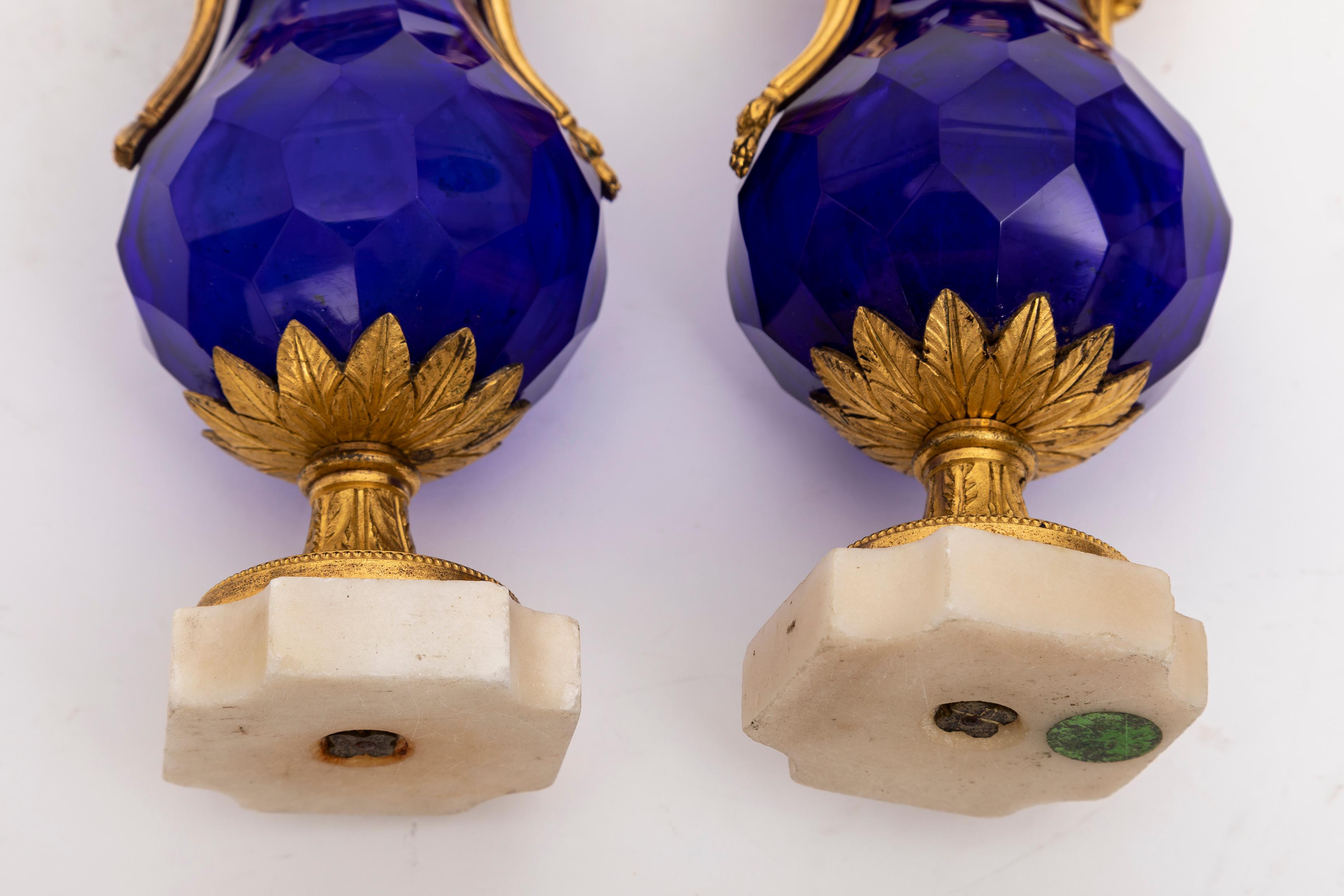 Pair 18 C. Russian Cobalt Blue Crystal & Ormolu Mounted Vases w/ Marble Bases For Sale 7