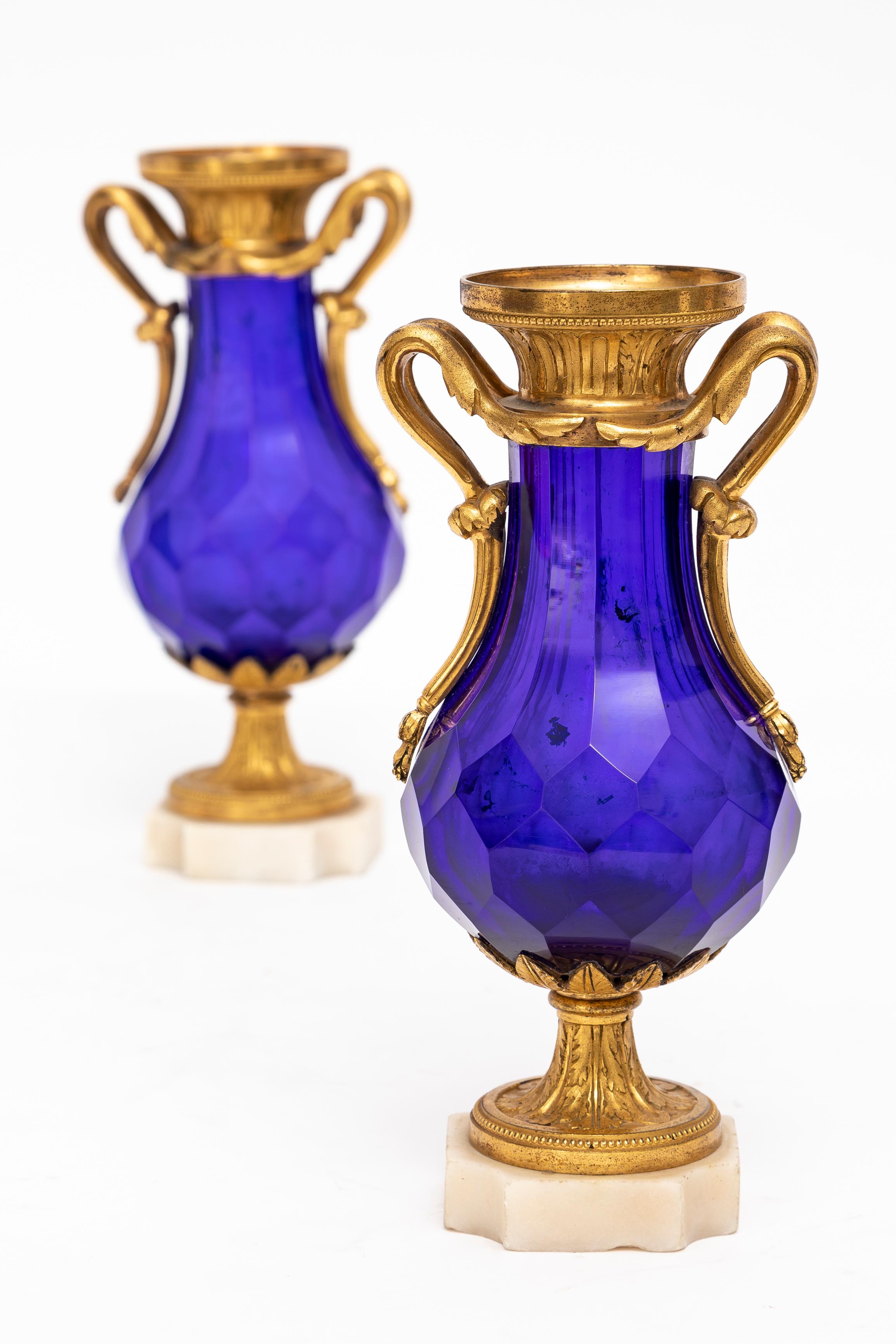 Louis XVI Pair 18 C. Russian Cobalt Blue Crystal & Ormolu Mounted Vases w/ Marble Bases For Sale