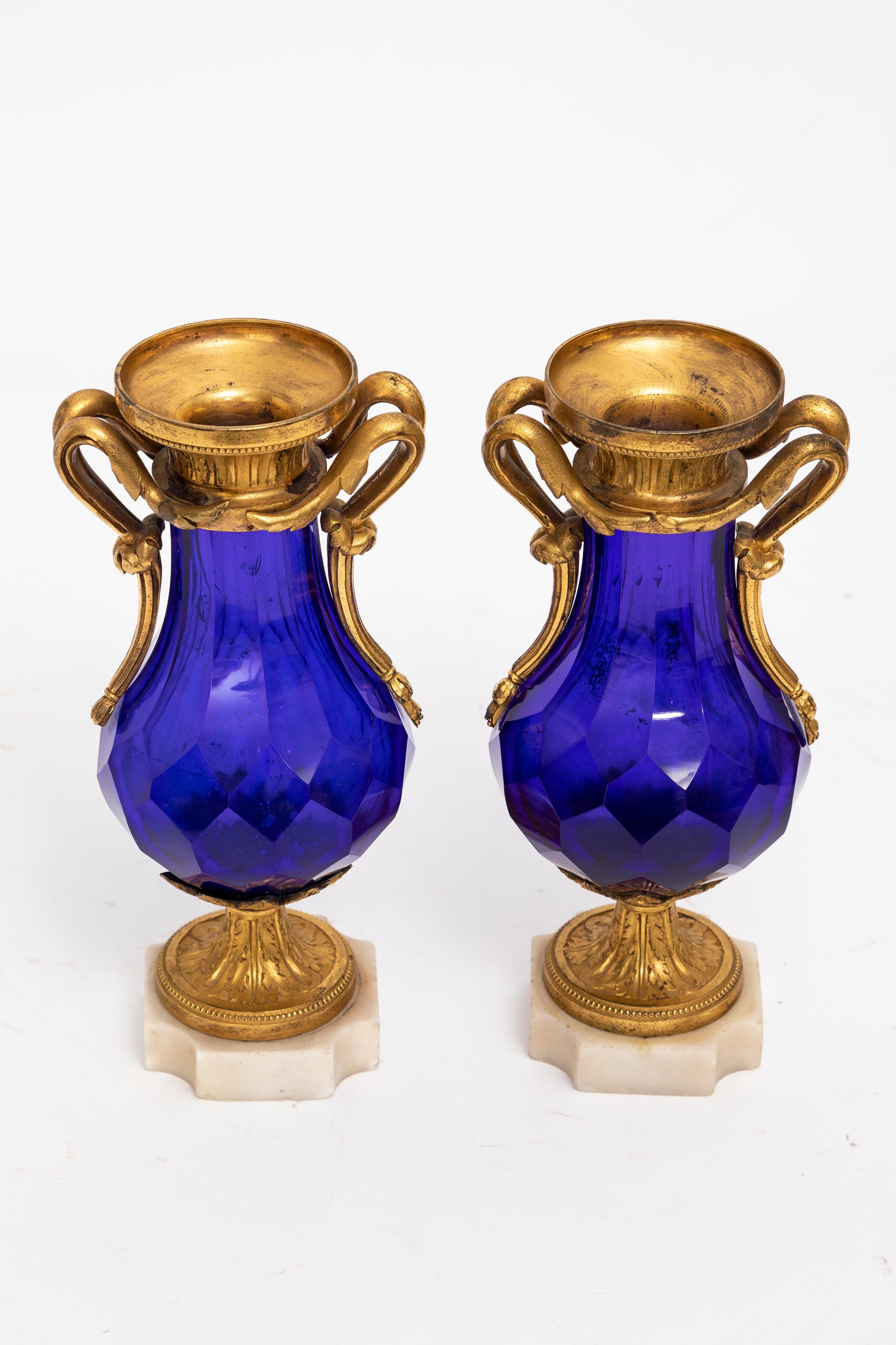 Gilt Pair 18 C. Russian Cobalt Blue Crystal & Ormolu Mounted Vases w/ Marble Bases For Sale
