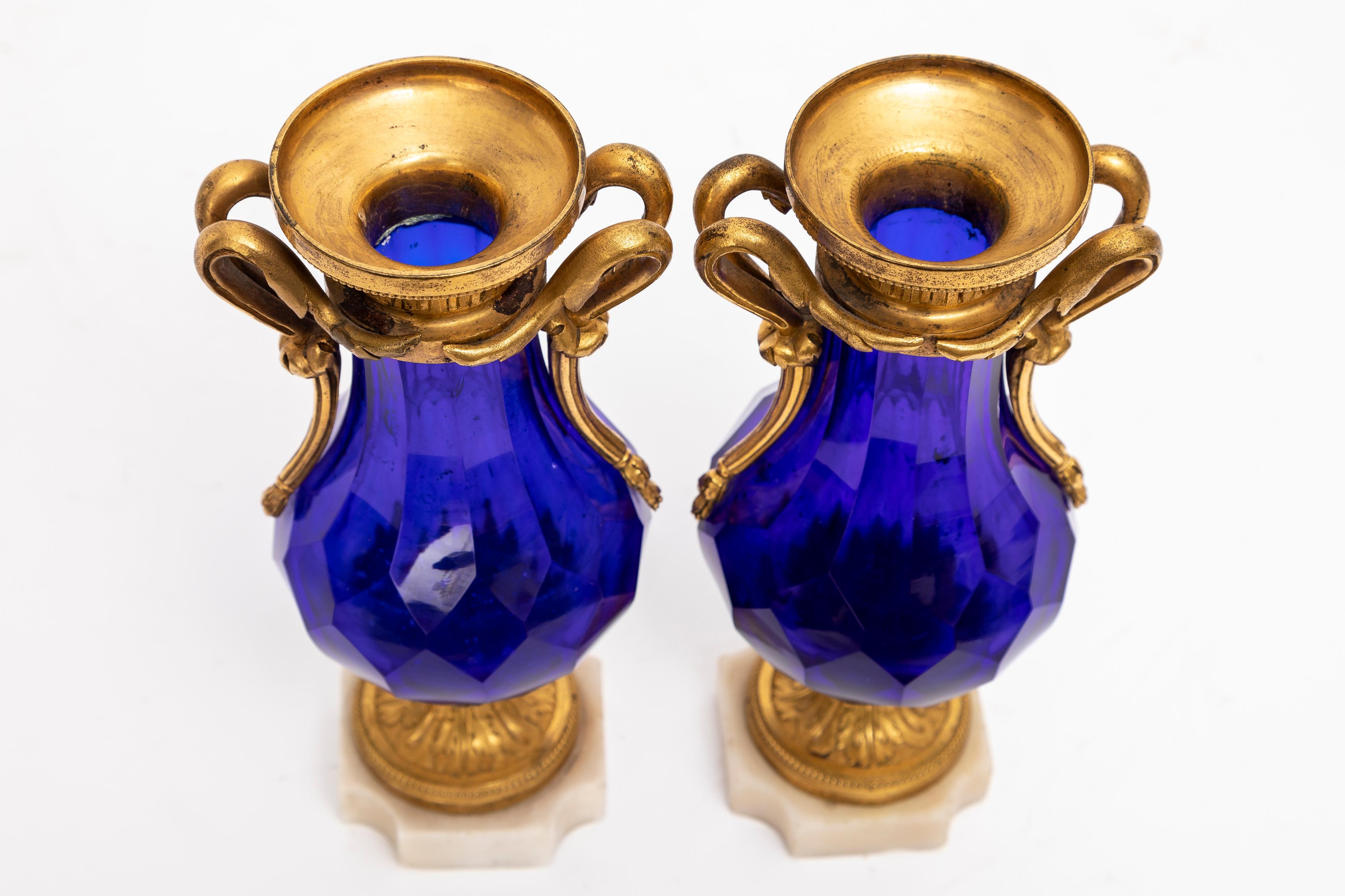 Pair 18 C. Russian Cobalt Blue Crystal & Ormolu Mounted Vases w/ Marble Bases In Good Condition For Sale In New York, NY