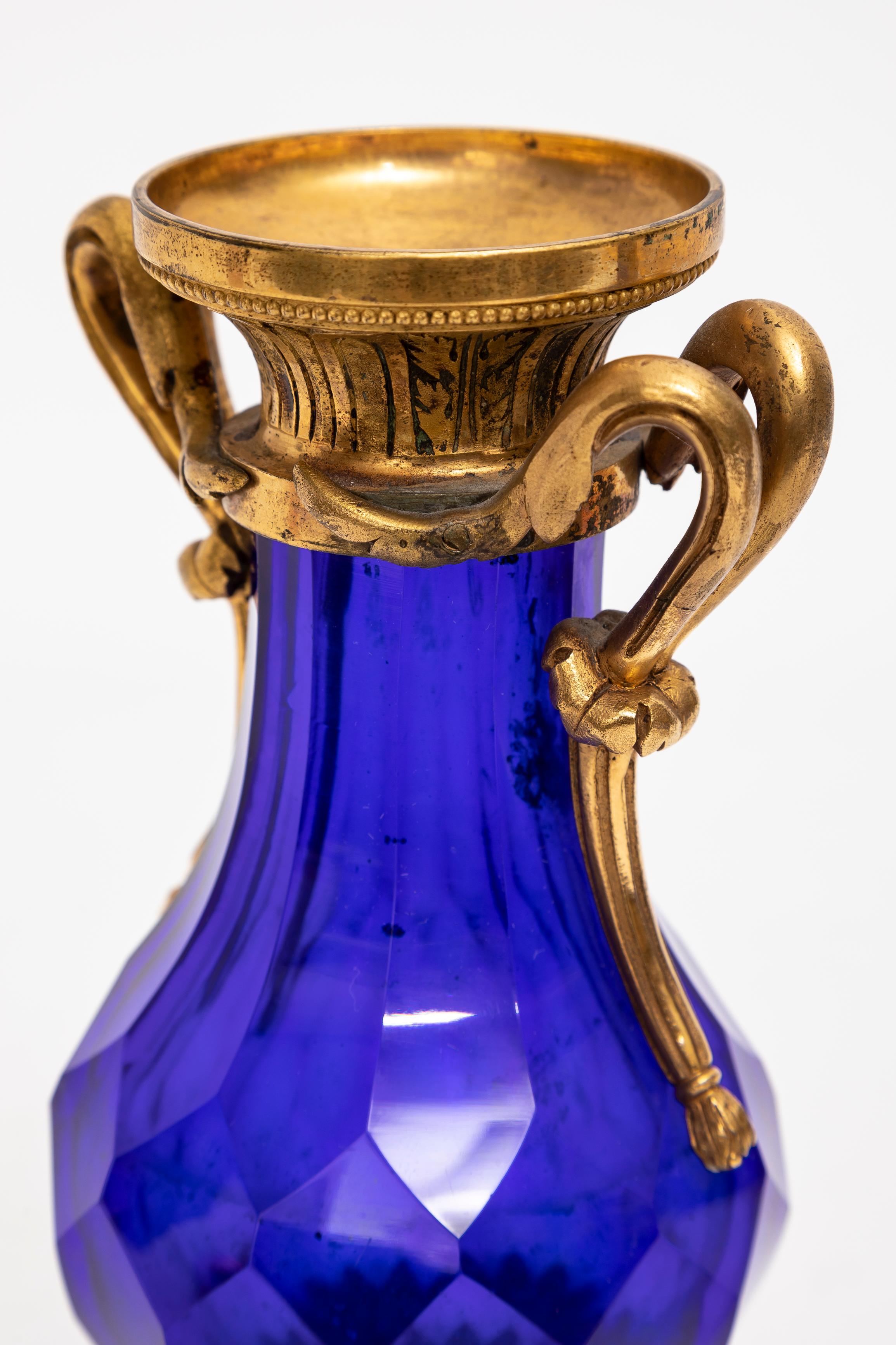 Pair 18 C. Russian Cobalt Blue Crystal & Ormolu Mounted Vases w/ Marble Bases For Sale 2