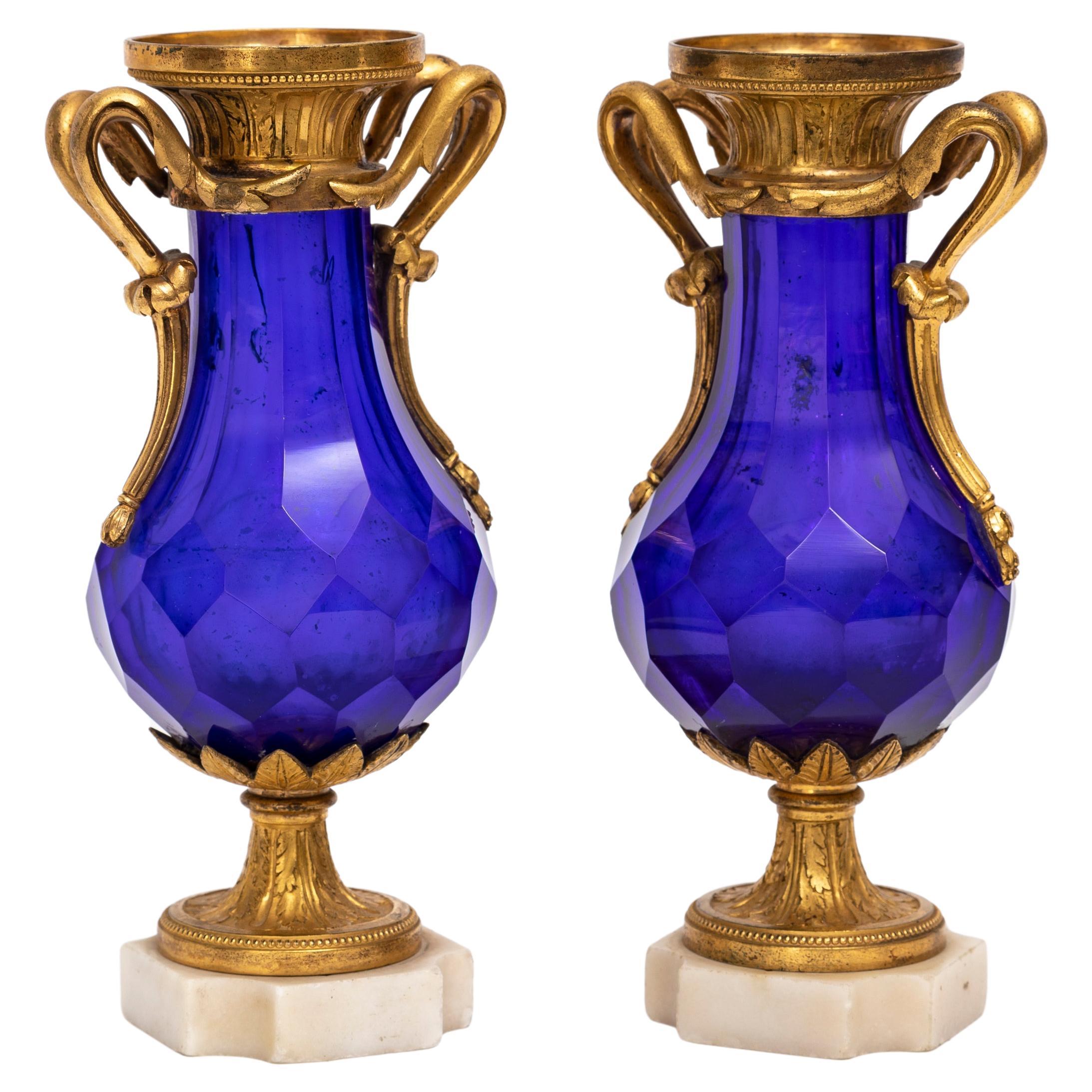 Pair 18 C. Russian Cobalt Blue Crystal & Ormolu Mounted Vases w/ Marble Bases For Sale