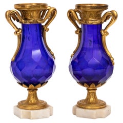 Antique Pair 18 C. Russian Cobalt Blue Crystal & Ormolu Mounted Vases w/ Marble Bases