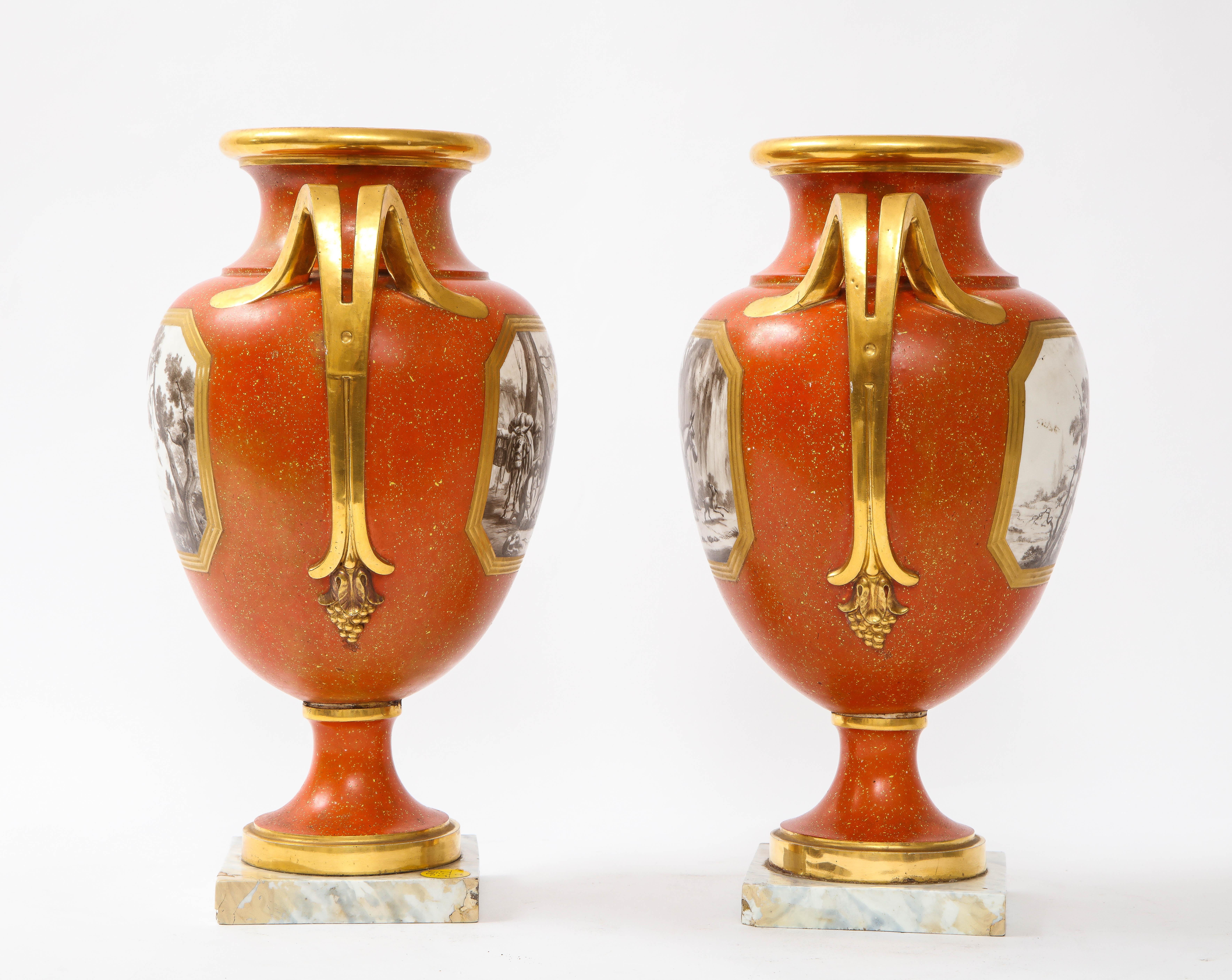 Louis XVI Pair 18 C. Sevres Porcelain Faux Porphyry Vases w/ Blue Script Sevres R.F. Mark For Sale
