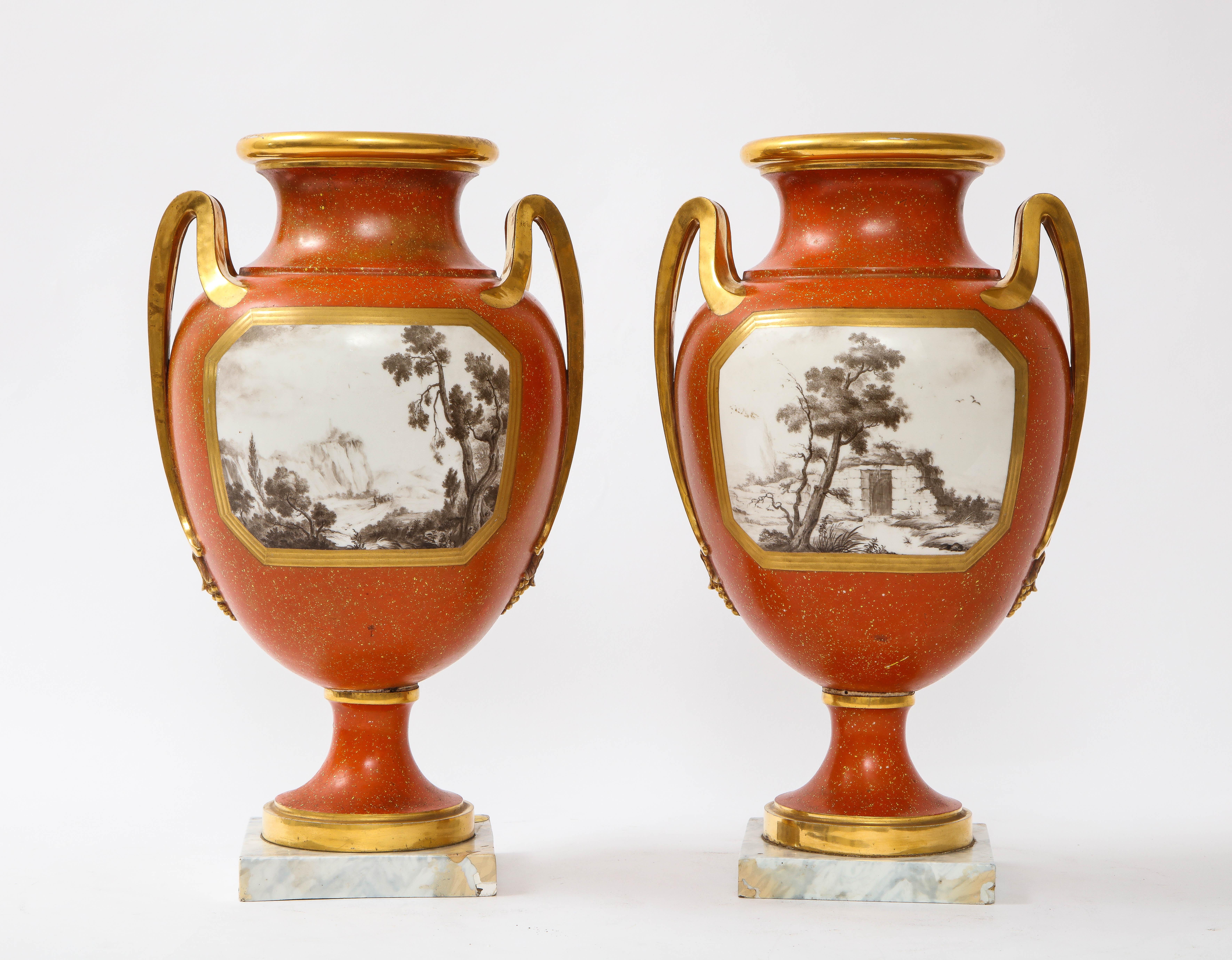 French Pair 18 C. Sevres Porcelain Faux Porphyry Vases w/ Blue Script Sevres R.F. Mark For Sale