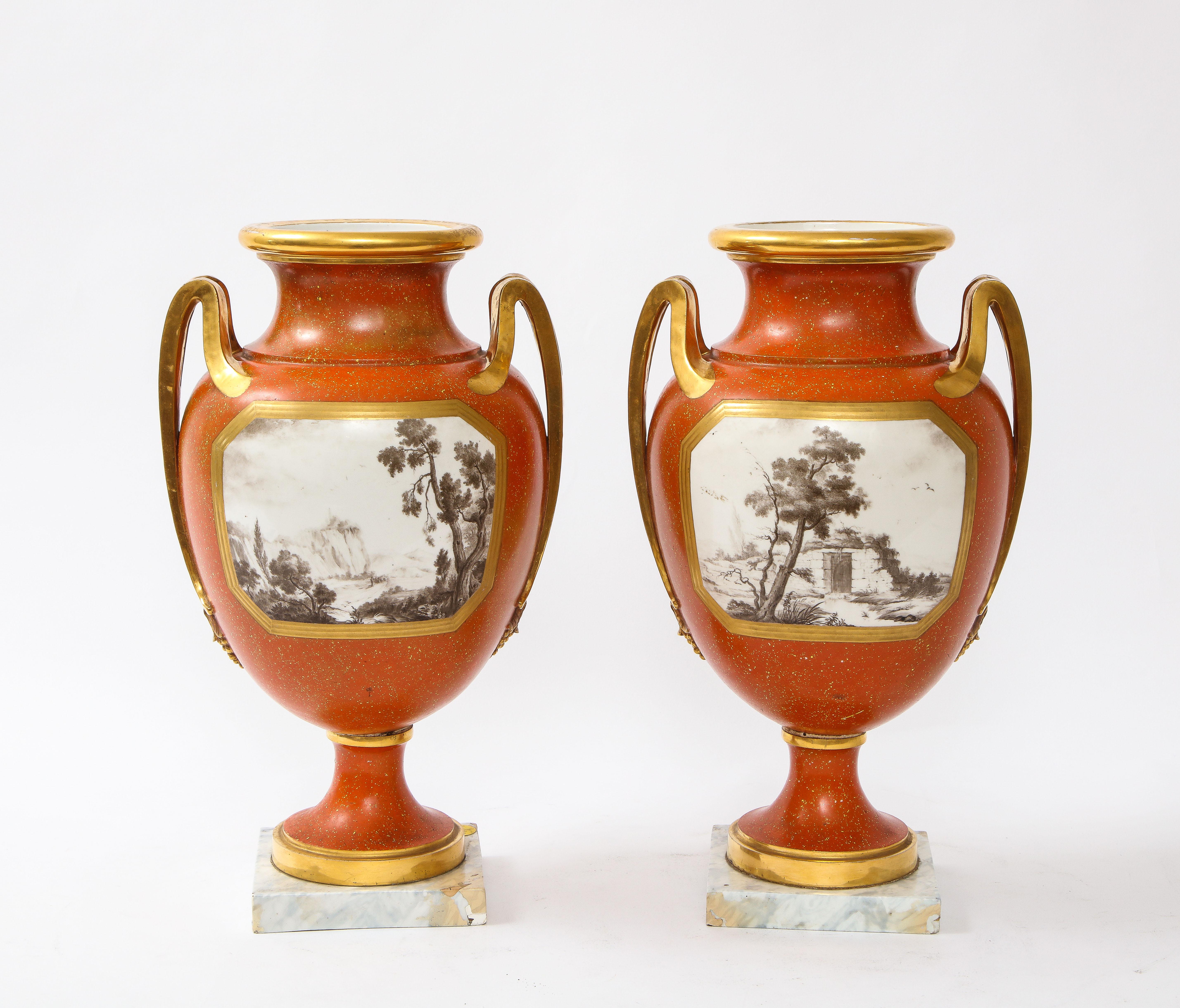 Enameled Pair 18 C. Sevres Porcelain Faux Porphyry Vases w/ Blue Script Sevres R.F. Mark For Sale