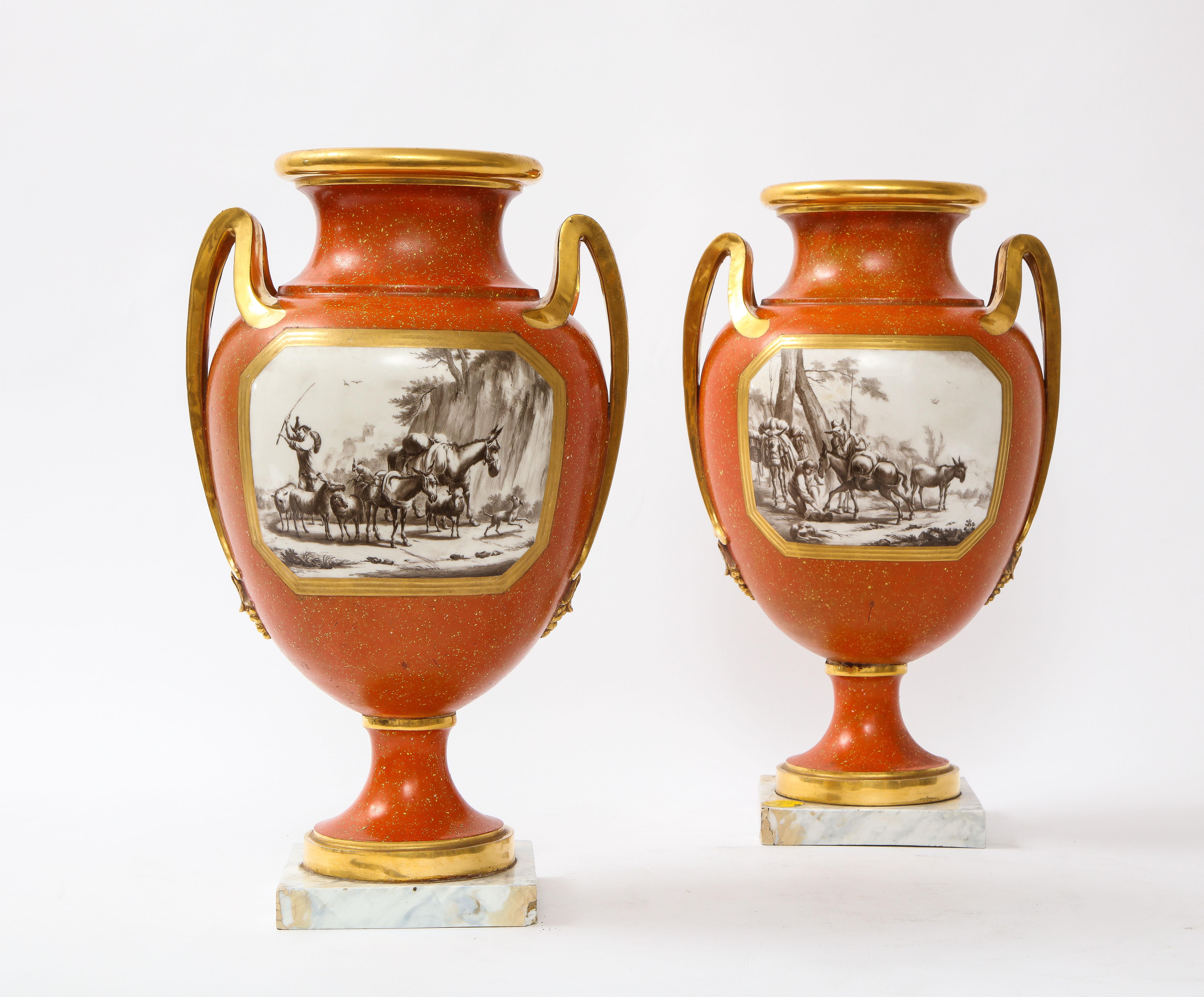 Late 18th Century Pair 18 C. Sevres Porcelain Faux Porphyry Vases w/ Blue Script Sevres R.F. Mark For Sale