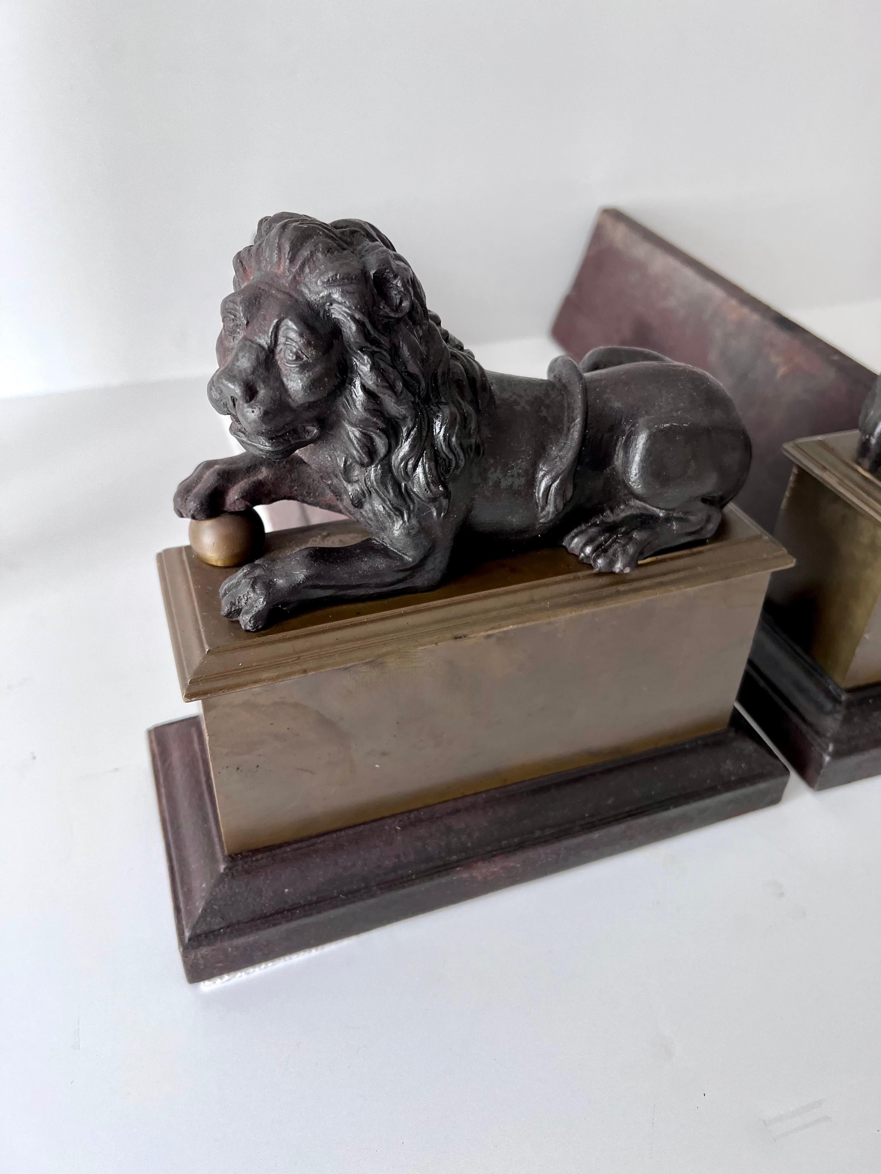 Pair 18th Century Reclining Iron Lion Andirons on a Brass Base For Sale 7