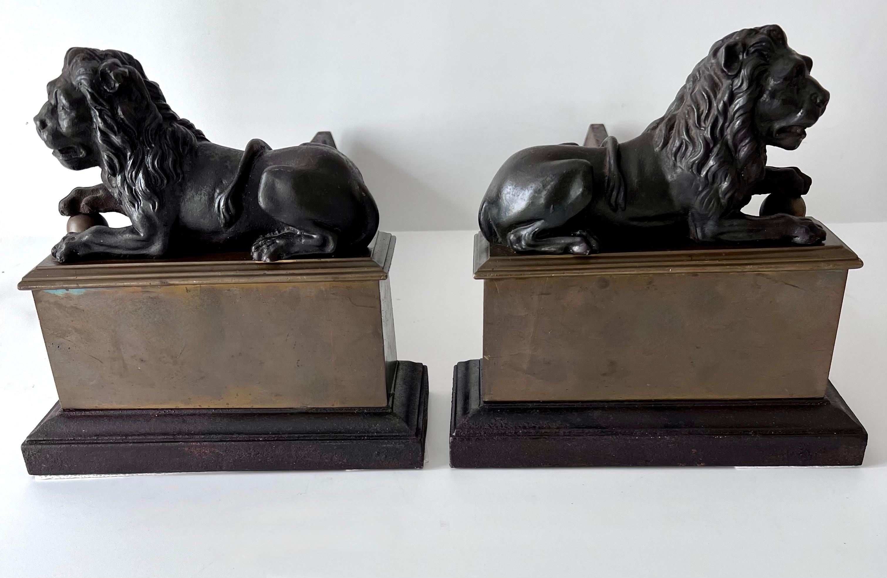 Pair 18th Century Reclining Iron Lion Andirons on a Brass Base For Sale 2