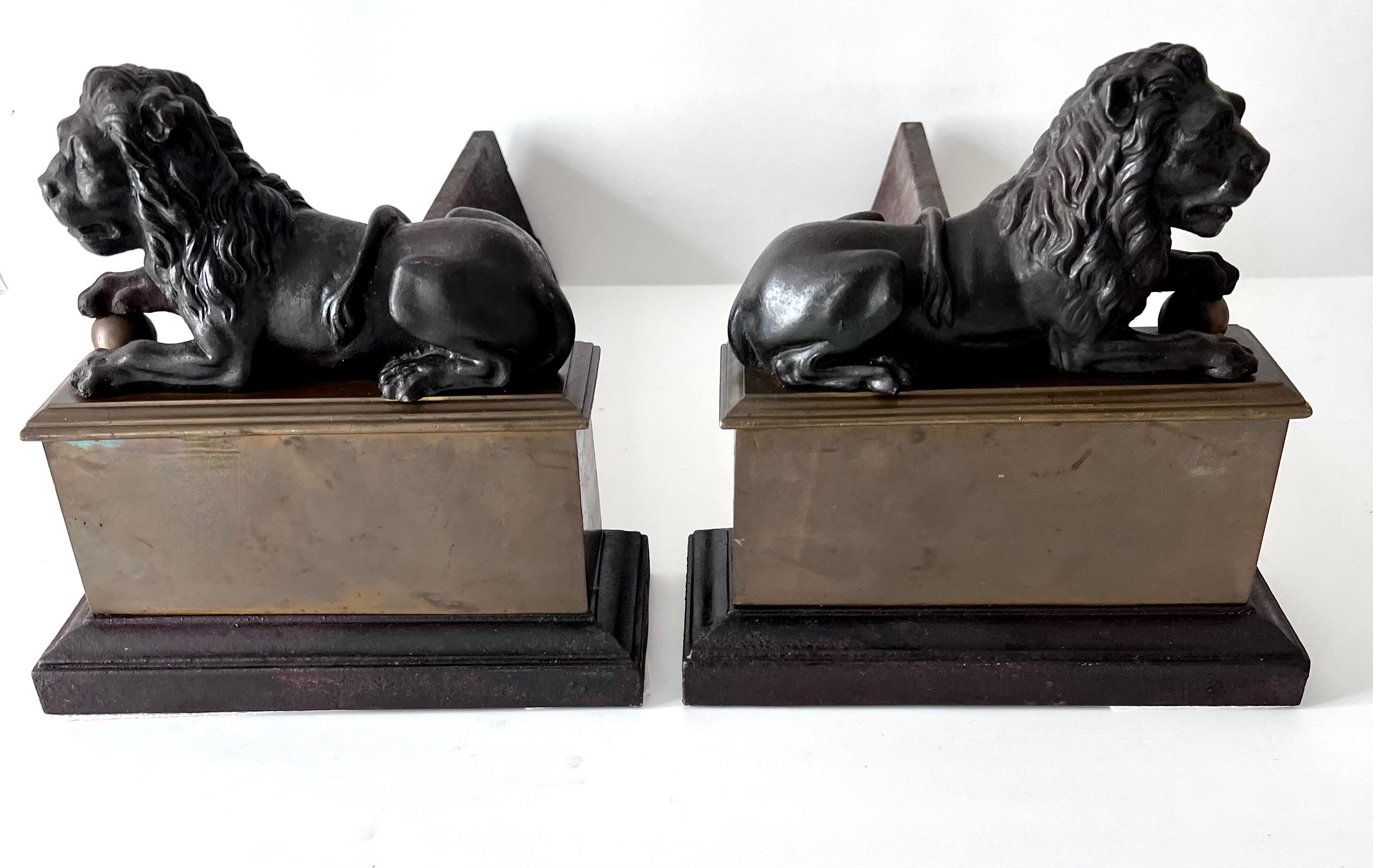 Pair 18th Century Reclining Iron Lion Andirons on a Brass Base For Sale 3