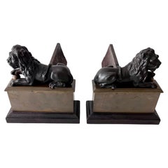 Antique Pair 18th Century Reclining Iron Lion Andirons on a Brass Base
