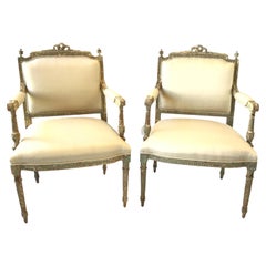 Pair 1890s French Carved Wood Armchairs in off White Silk Fabric