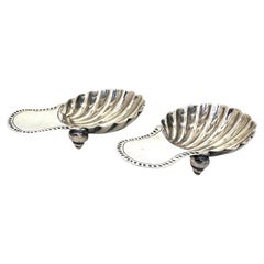 Antique Pair 1893 English Sterling Silver Shell-Form Tea Caddy Spoons, Shell Feet