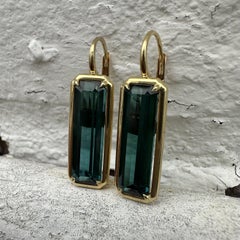 Pair 18k Yellow Gold GIA 9.28ctw Rare Blue Green Long Tourmaline Drop Earrings
