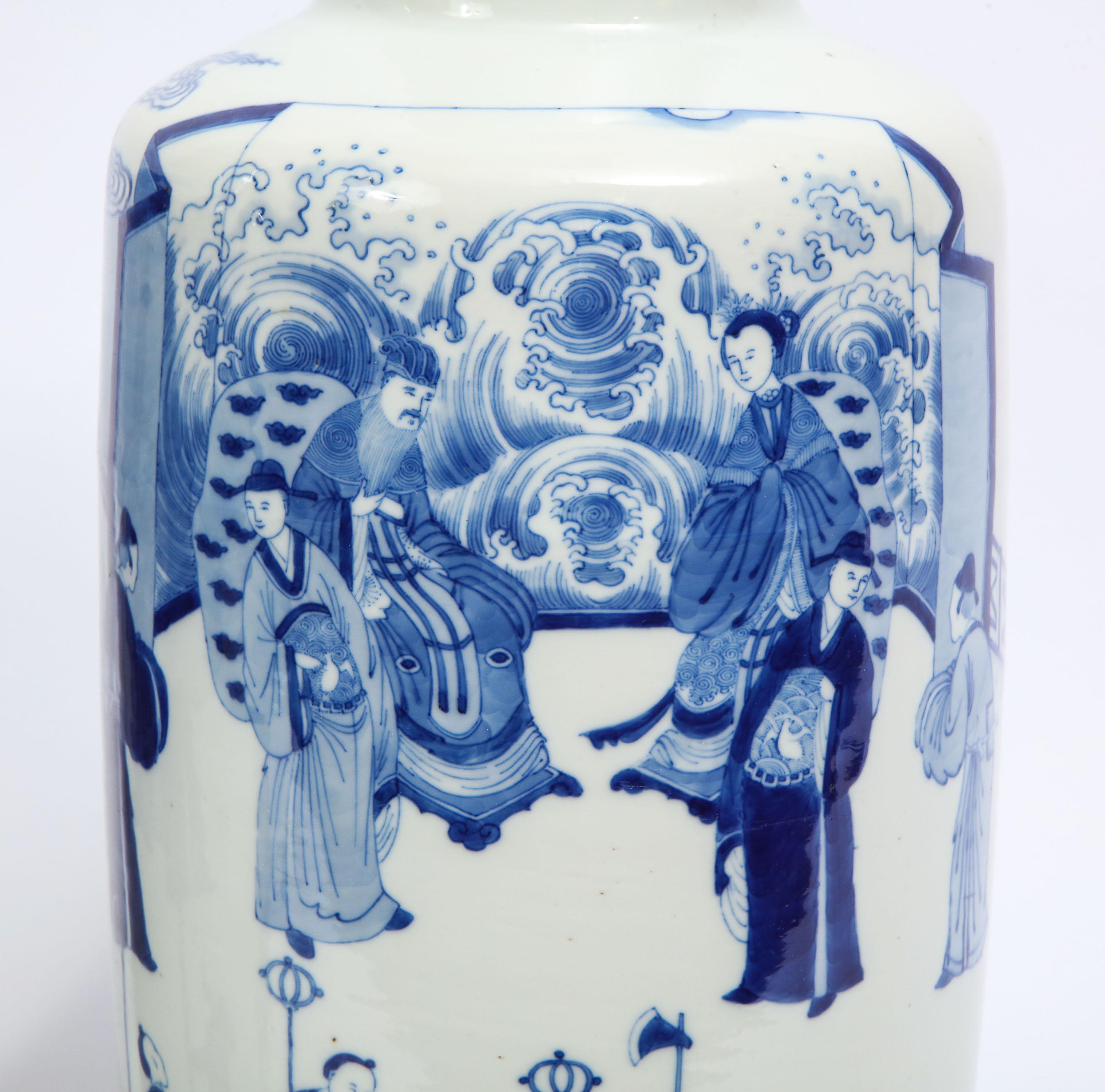 19th Century Blue & White Chinese Porcelain Bangchui Ping Form Vases, Pair For Sale 5