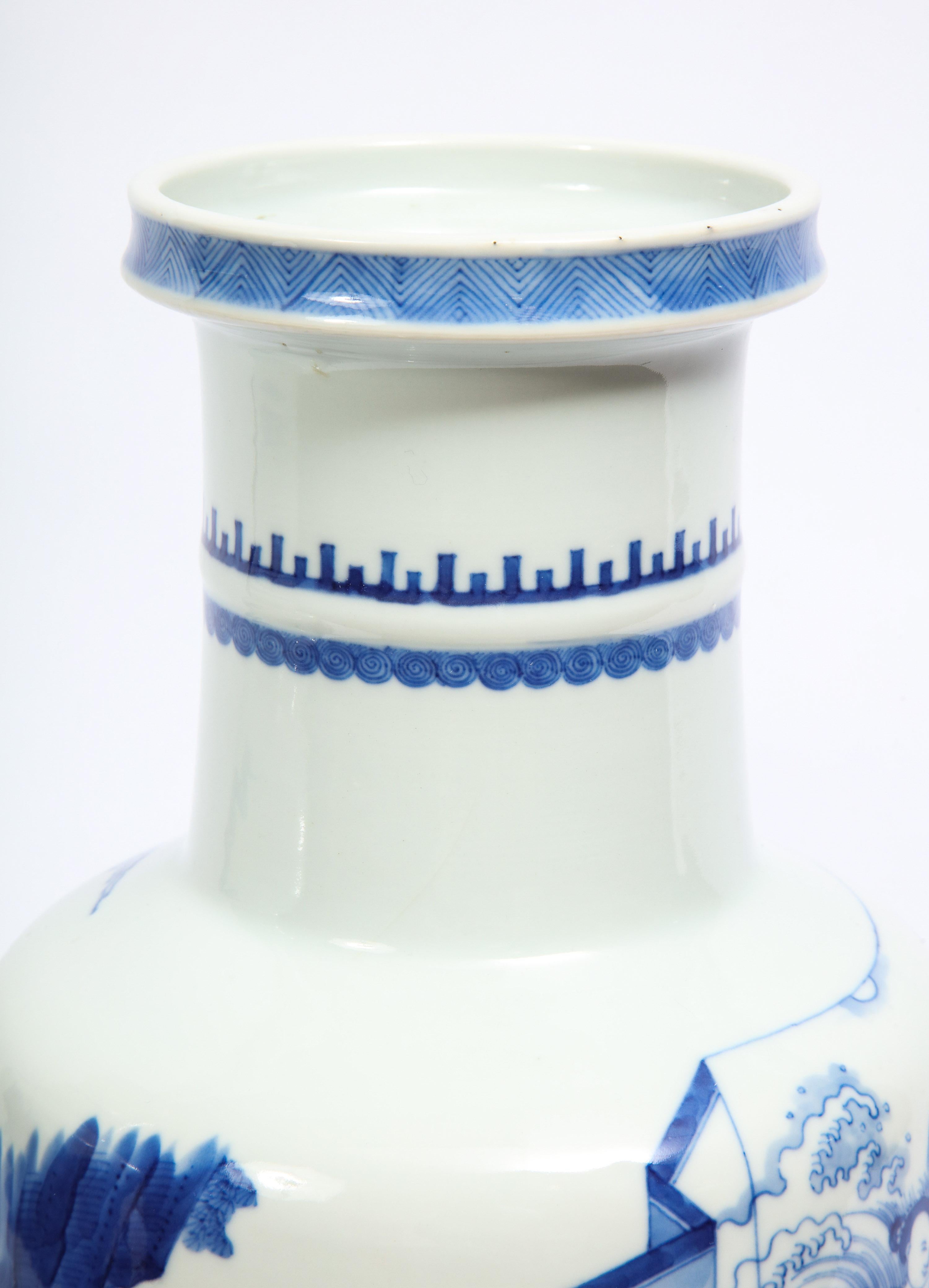 19th Century Blue & White Chinese Porcelain Bangchui Ping Form Vases, Pair For Sale 6