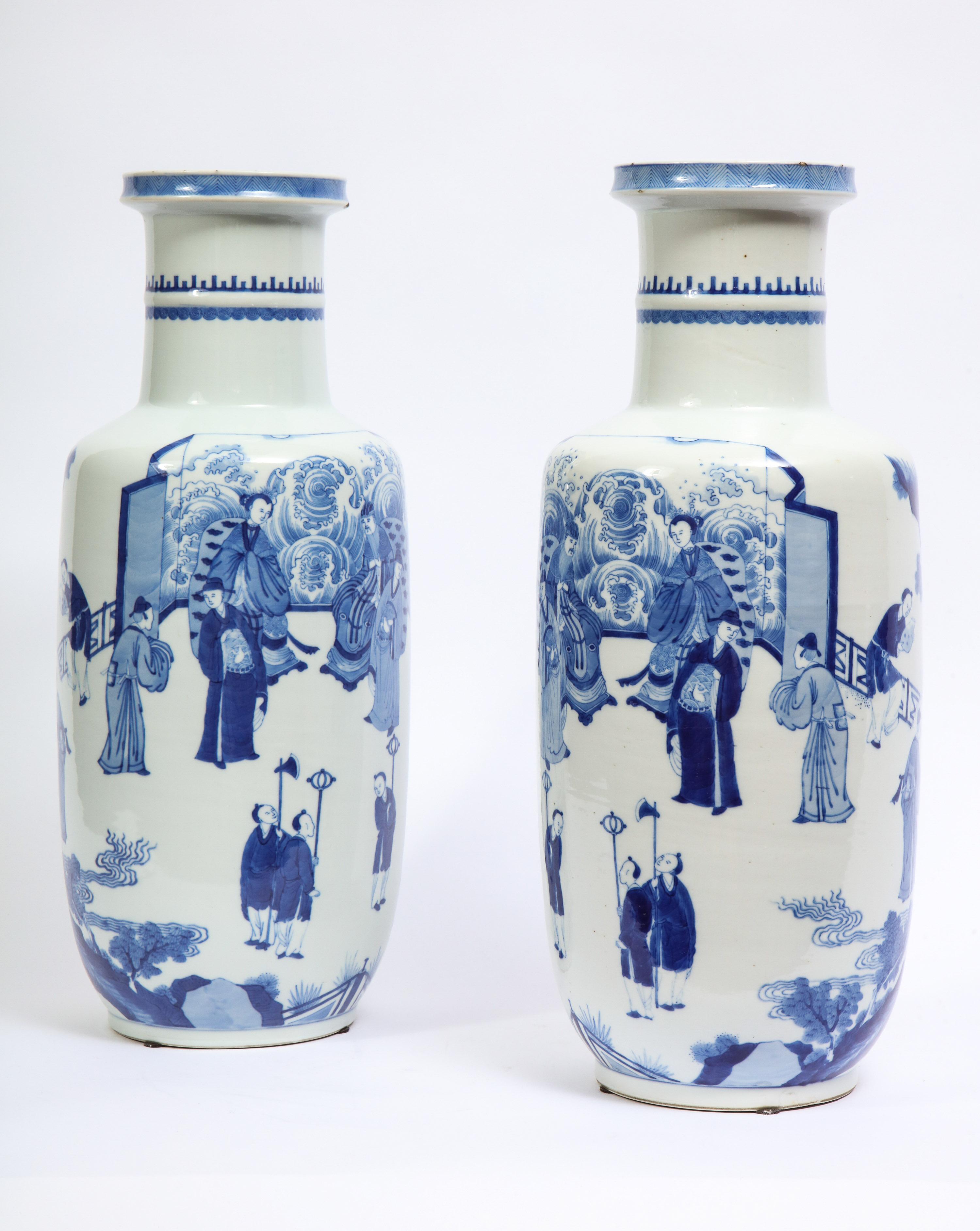 Hand-Painted 19th Century Blue & White Chinese Porcelain Bangchui Ping Form Vases, Pair For Sale