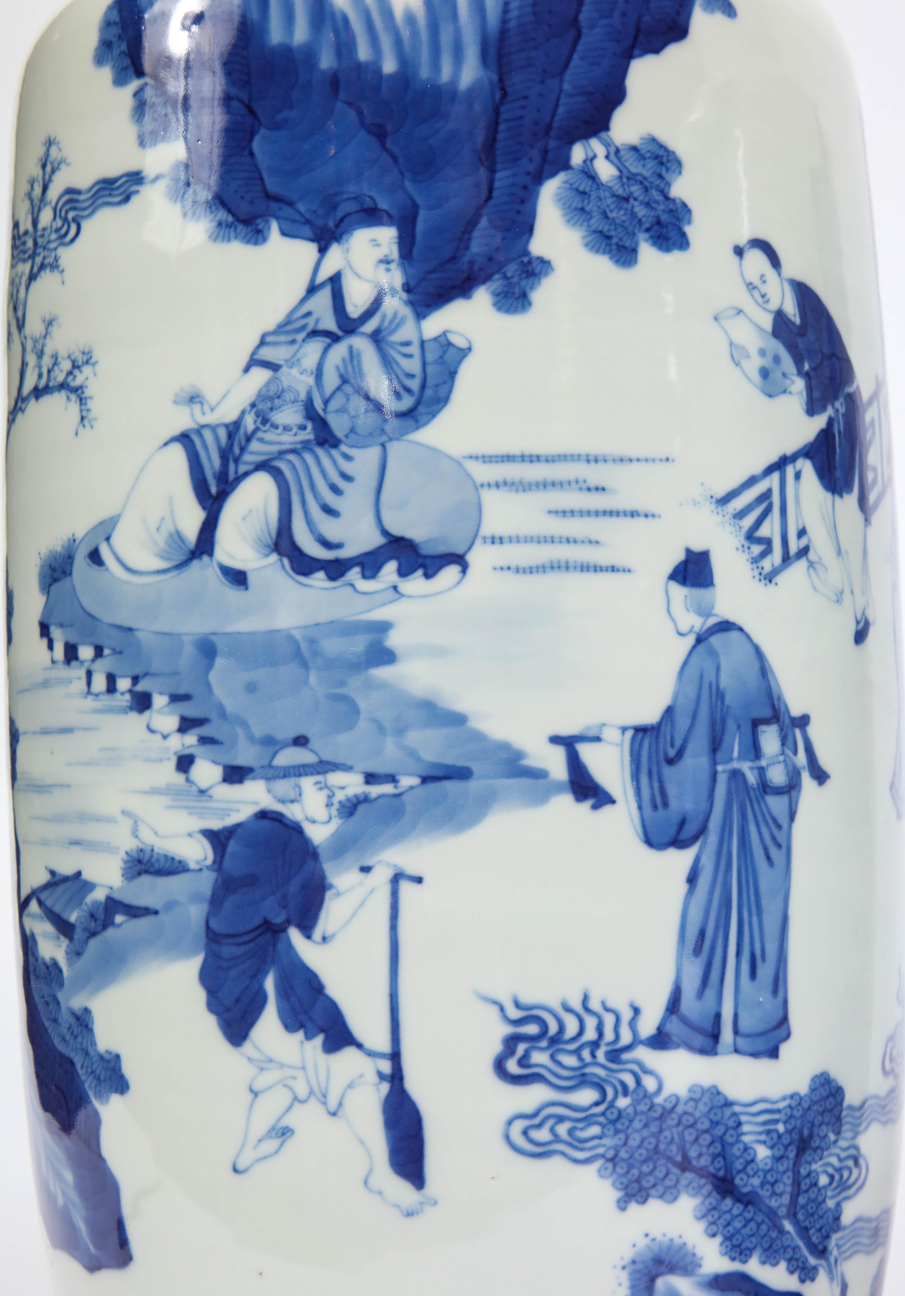 19th Century Blue & White Chinese Porcelain Bangchui Ping Form Vases, Pair For Sale 2