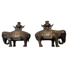 Pair 18th/19th Century Chinese Bronze Elephant Figure Candle Holder Sculptures