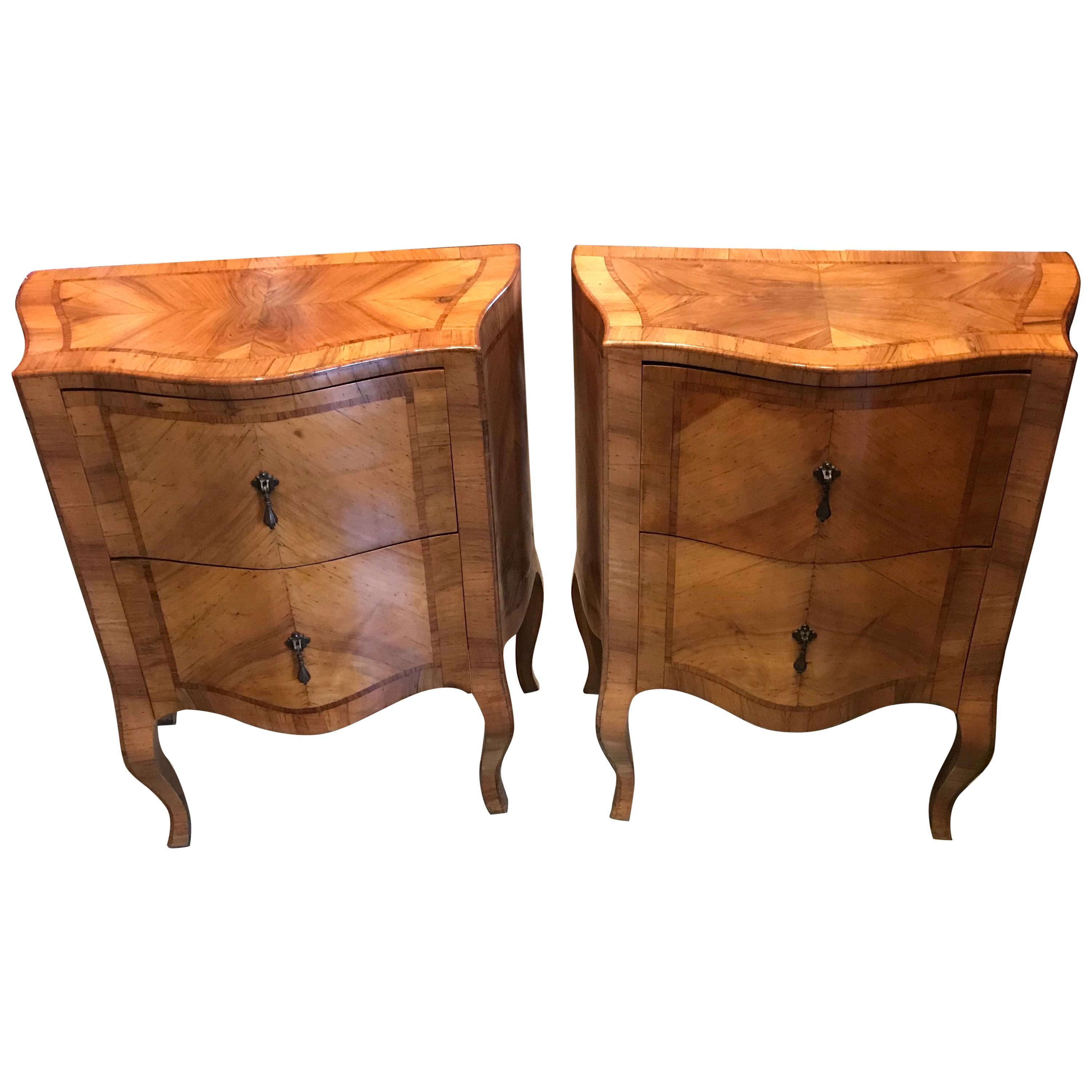 Pair 18th C Carved Italian Inlaid Bed Side Fruit Wood Nightstand Table Comodini For Sale