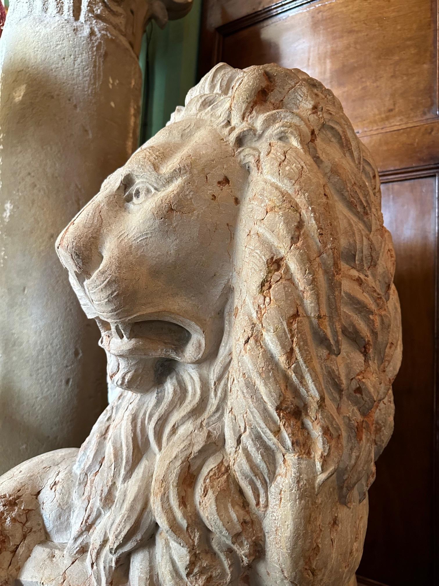 Pair 18th C. Carved Marble Terracotta Figures Lions Sculptures Garden Statues LA en vente 3