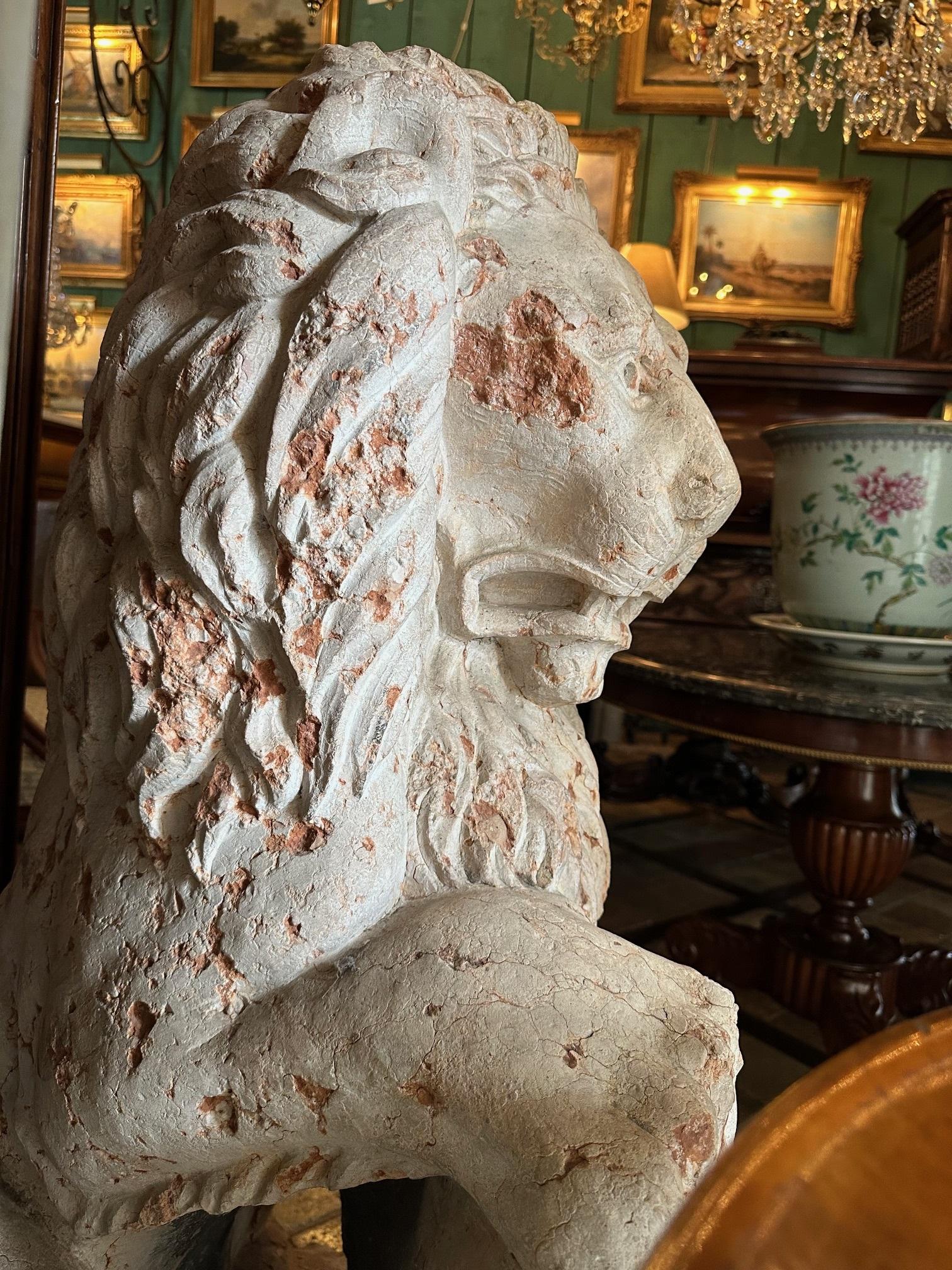 Pair 18th C. Carved Marble Terracotta Figures Lions Sculptures Garden Statues LA For Sale 5