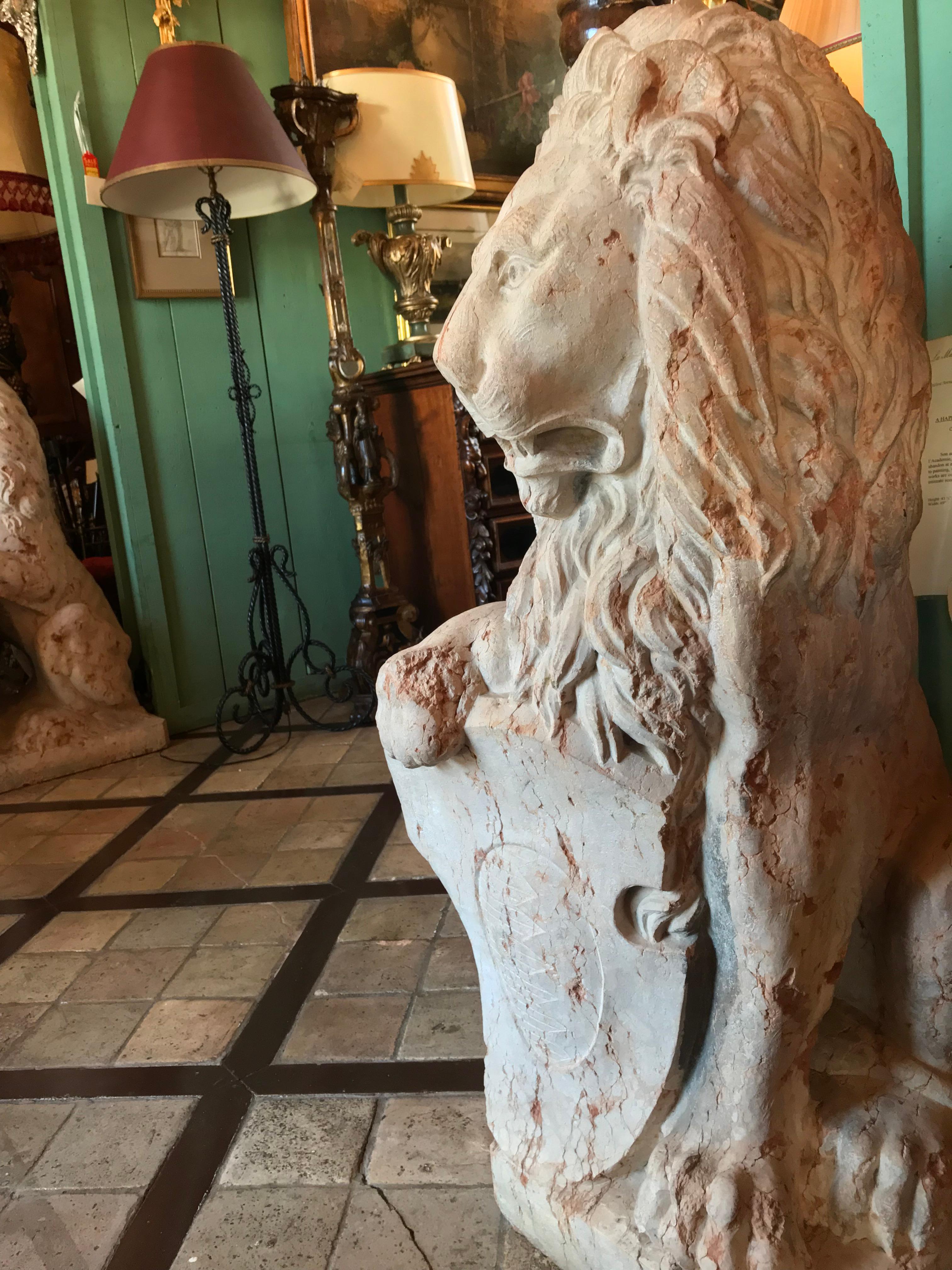 Pair 18th C. Carved Marble Terracotta Figures Lions Sculptures Garden Statues LA en vente 9