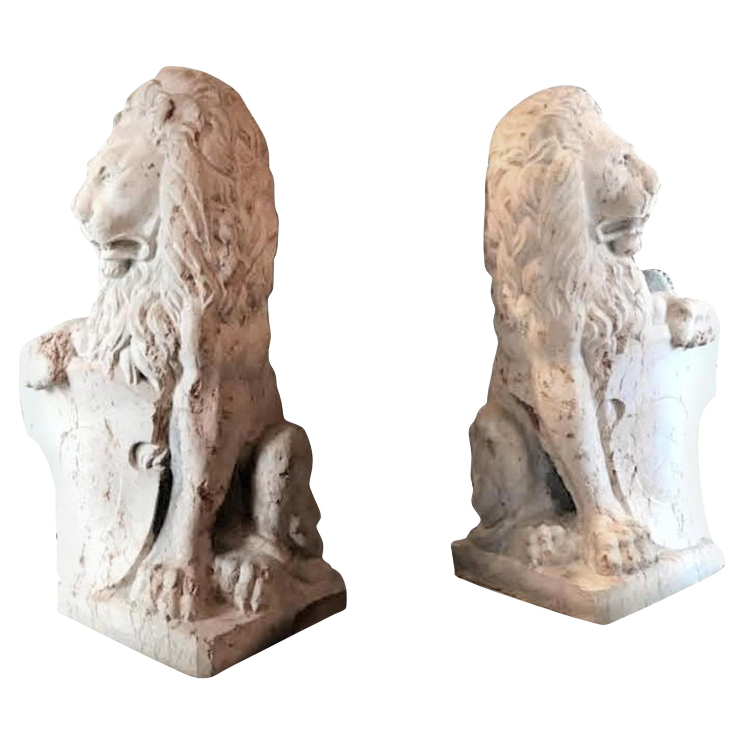 Pair 18th C. Carved Marble Terracotta Figures Lions Sculptures Garden Statues LA