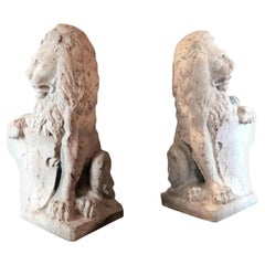 Pair 18th C. Carved Marble Terracotta Figures Lions Sculptures Garden Statues LA