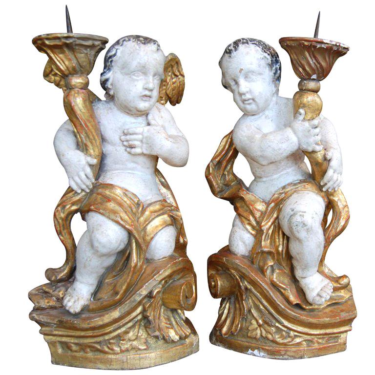 Pair 18th c. Carved Wooden Putti For Sale