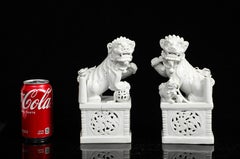 Pair 18th C. Chinese Blanc de Chine Buddhist Lion/Foo Lion Incense Stick Holders