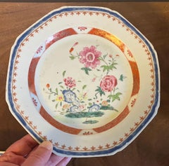 Pair 18th c. Chinese Export Famille Rose Porcelain Plates Decorated with Peonies
