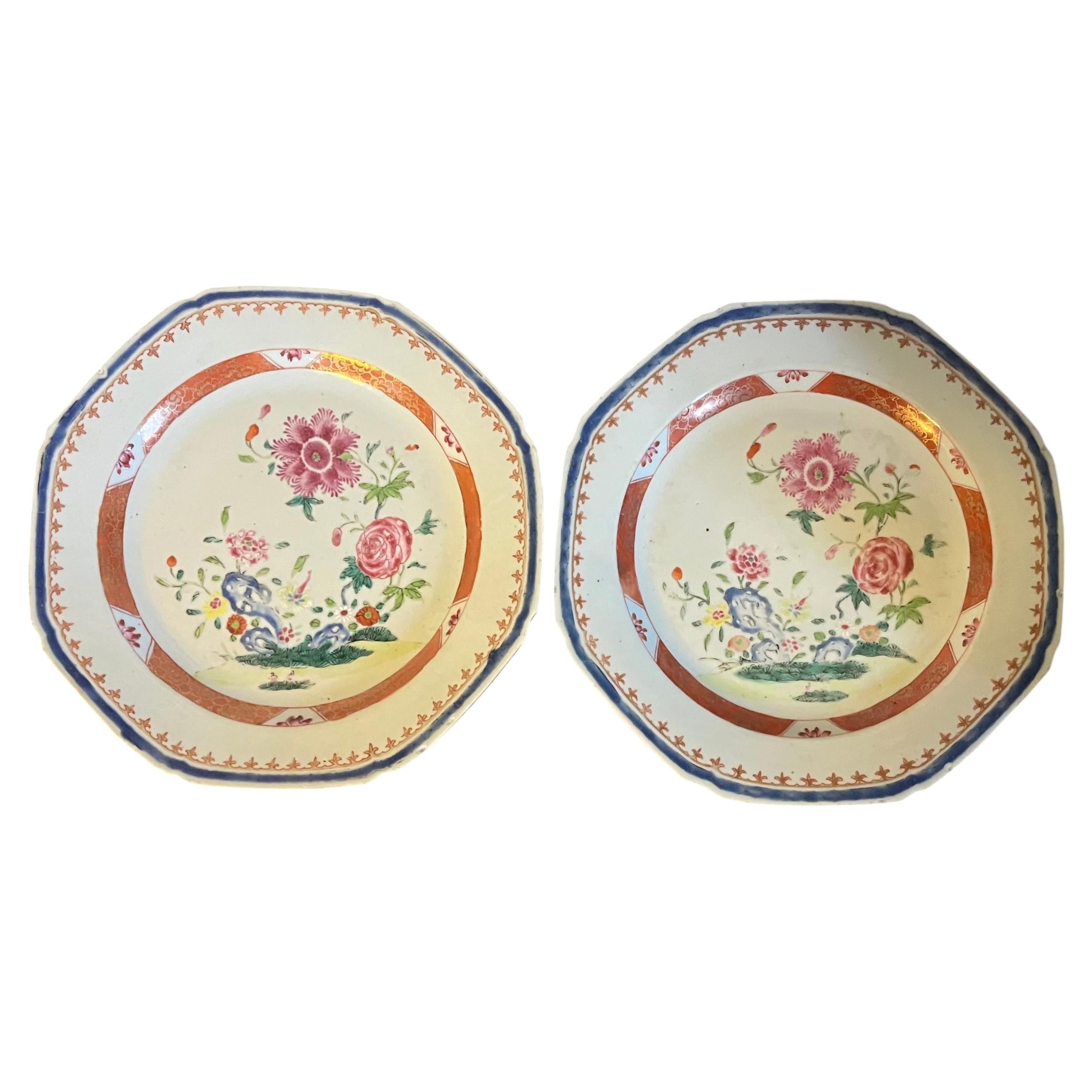 Pair 18th c. Chinese Export Famille Rose Porcelain Plates Decorated with Peonies For Sale