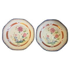 Pair 18th c. Chinese Export Famille Rose Porcelain Plates Decorated with Peonies