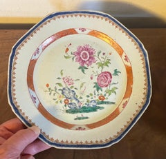 Pair 18th c. Chinese Export Porcelain Famille Rose Plates Decorated with Peonies