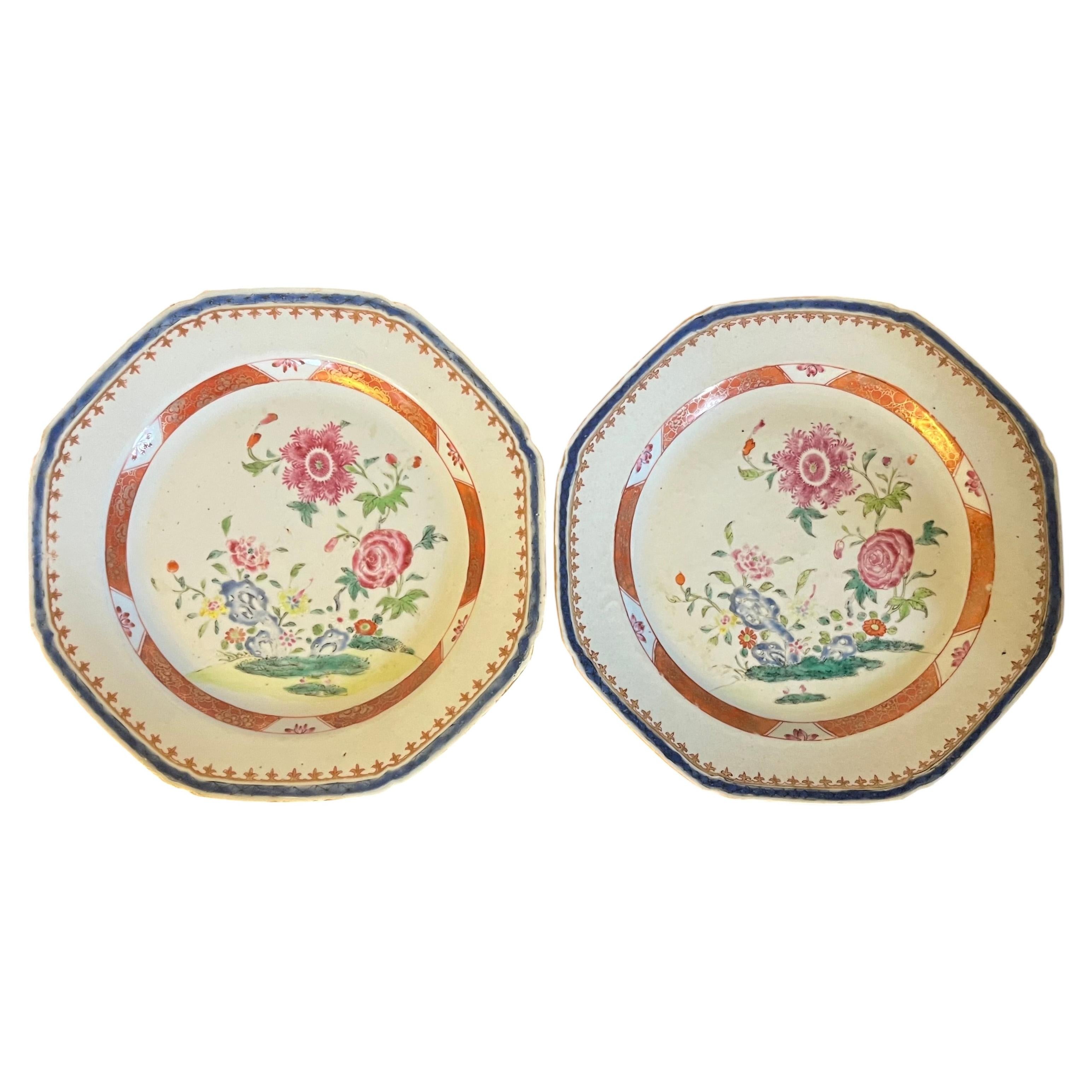 Pair 18th c. Chinese Export Porcelain Famille Rose Plates Decorated with Peonies