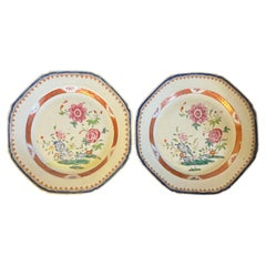 Pair 18th c. Chinese Export Porcelain Famille Rose Plates Decorated with Peonies