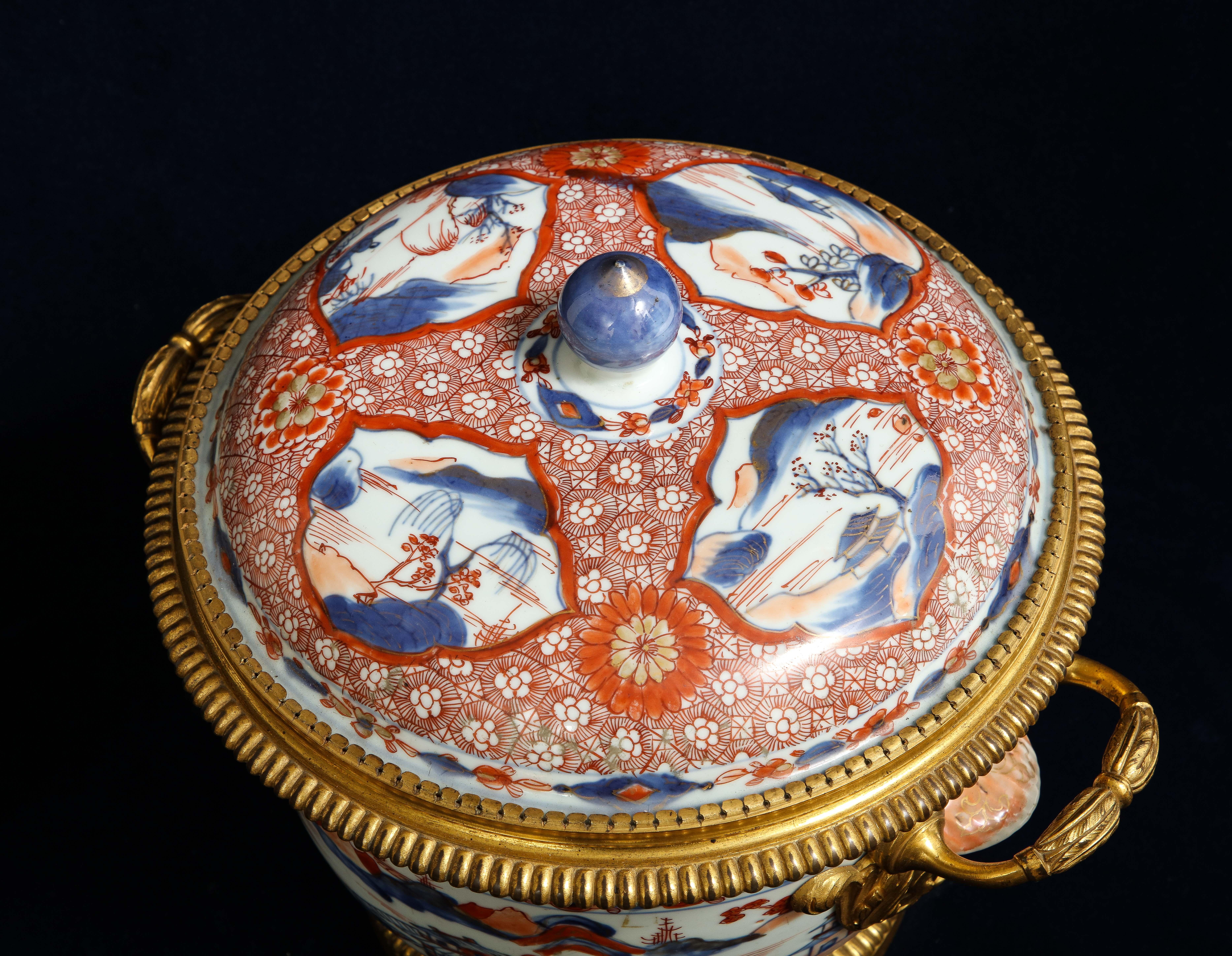Pair 18th C. Chinese Imari Porcelain & French Ormolu Mounted Covered Cachepots For Sale 4