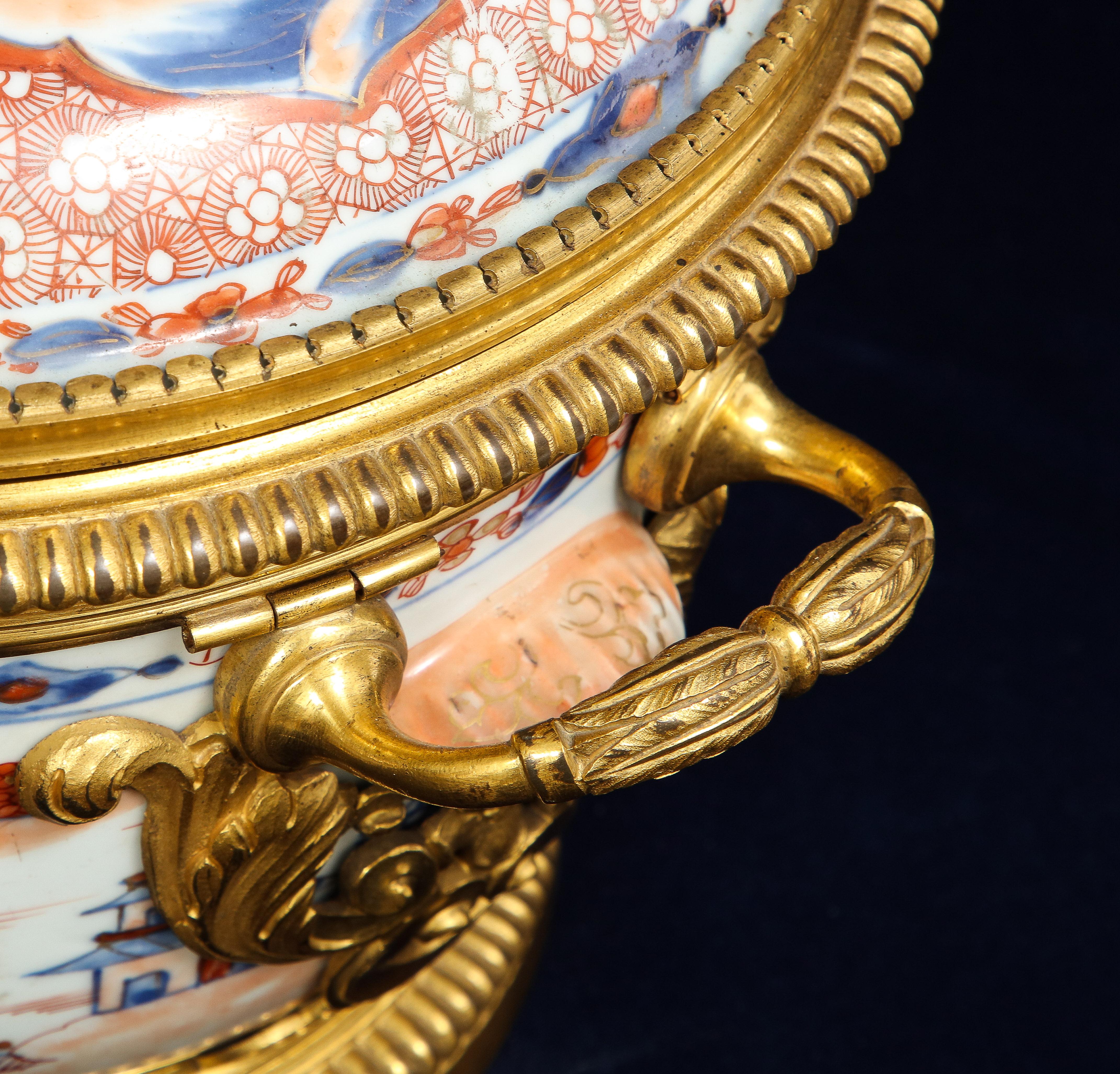 Pair 18th C. Chinese Imari Porcelain & French Ormolu Mounted Covered Cachepots For Sale 9