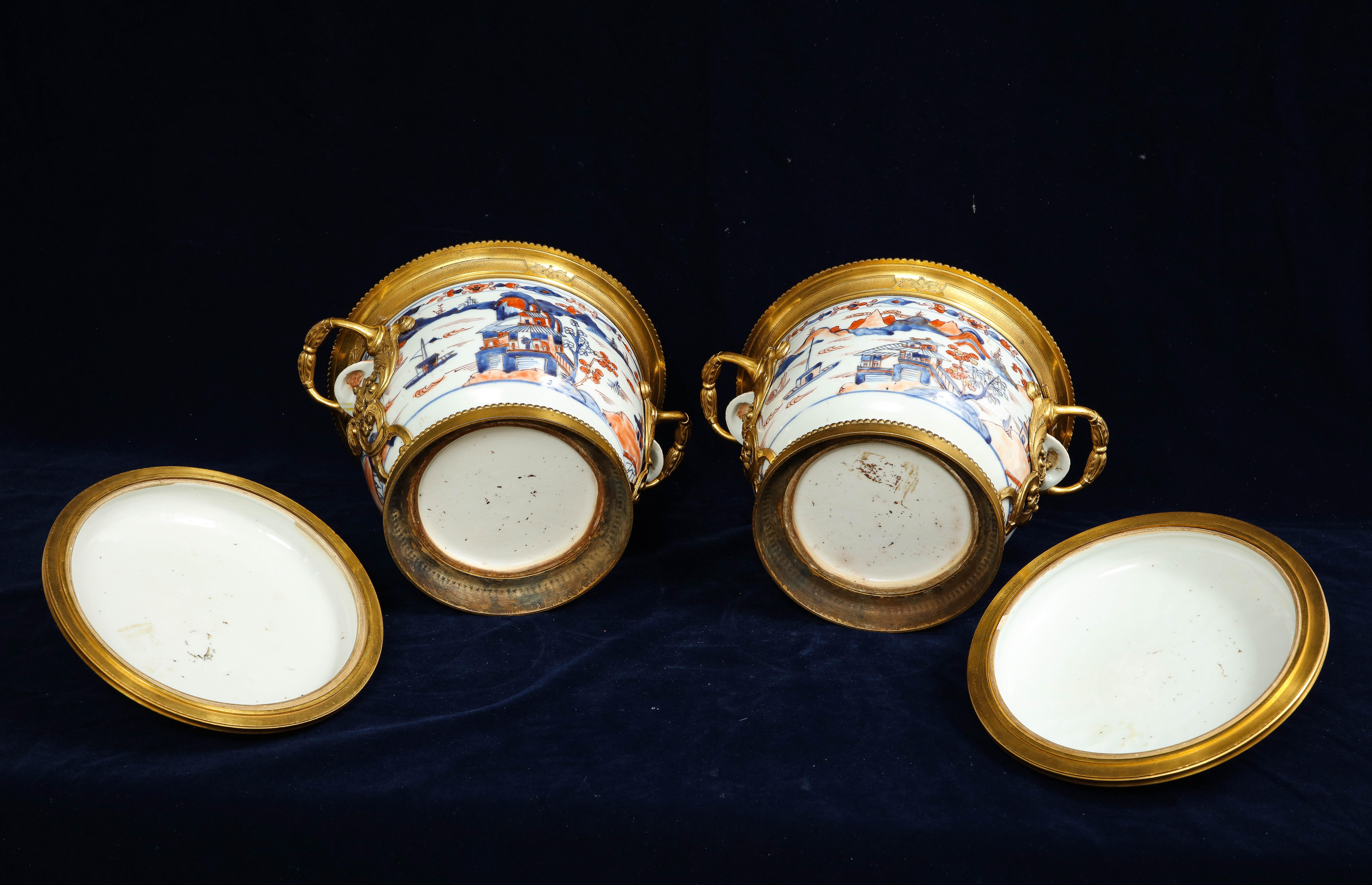 Pair 18th C. Chinese Imari Porcelain & French Ormolu Mounted Covered Cachepots For Sale 11