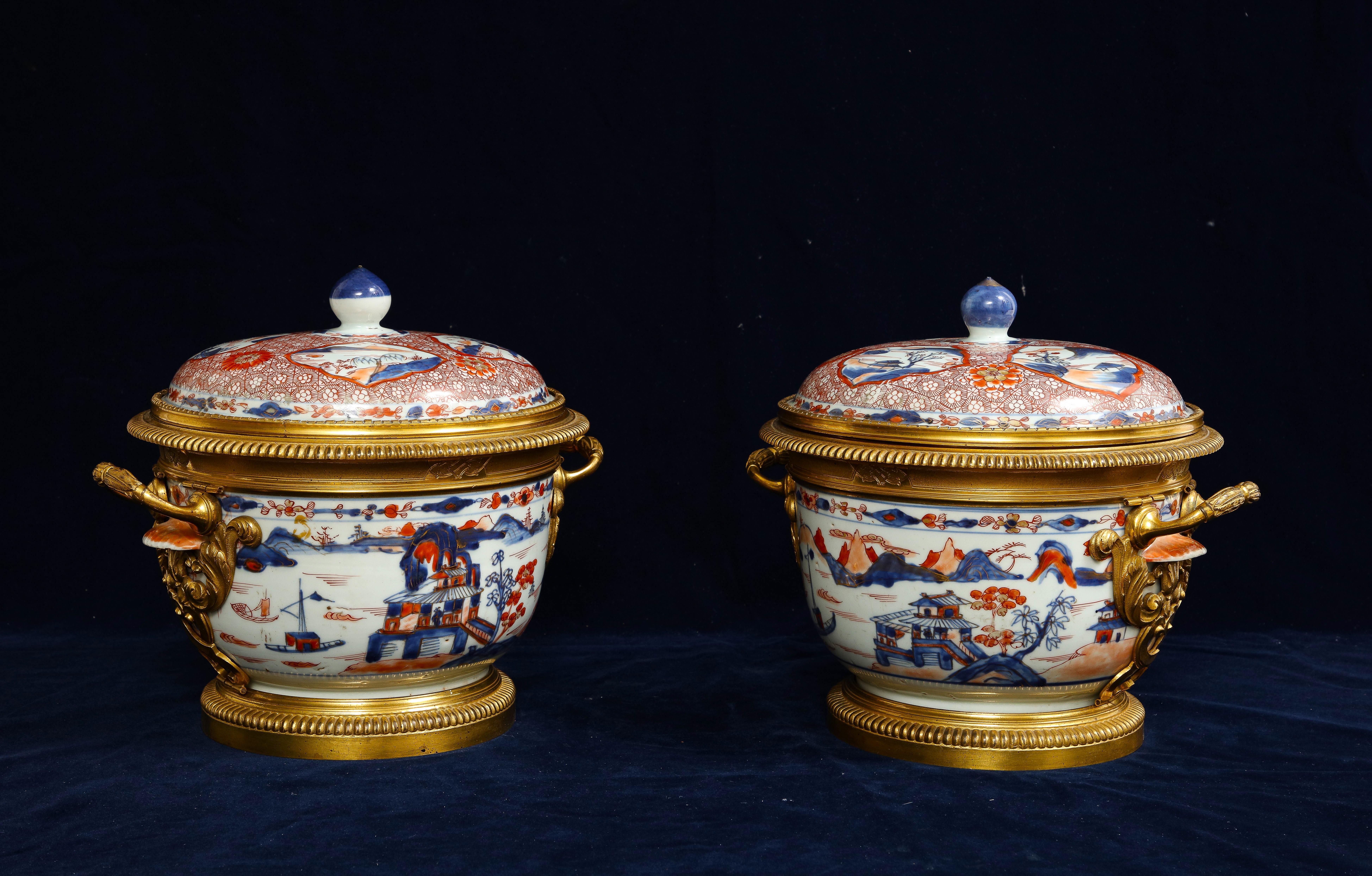 Louis XVI Pair 18th C. Chinese Imari Porcelain & French Ormolu Mounted Covered Cachepots For Sale