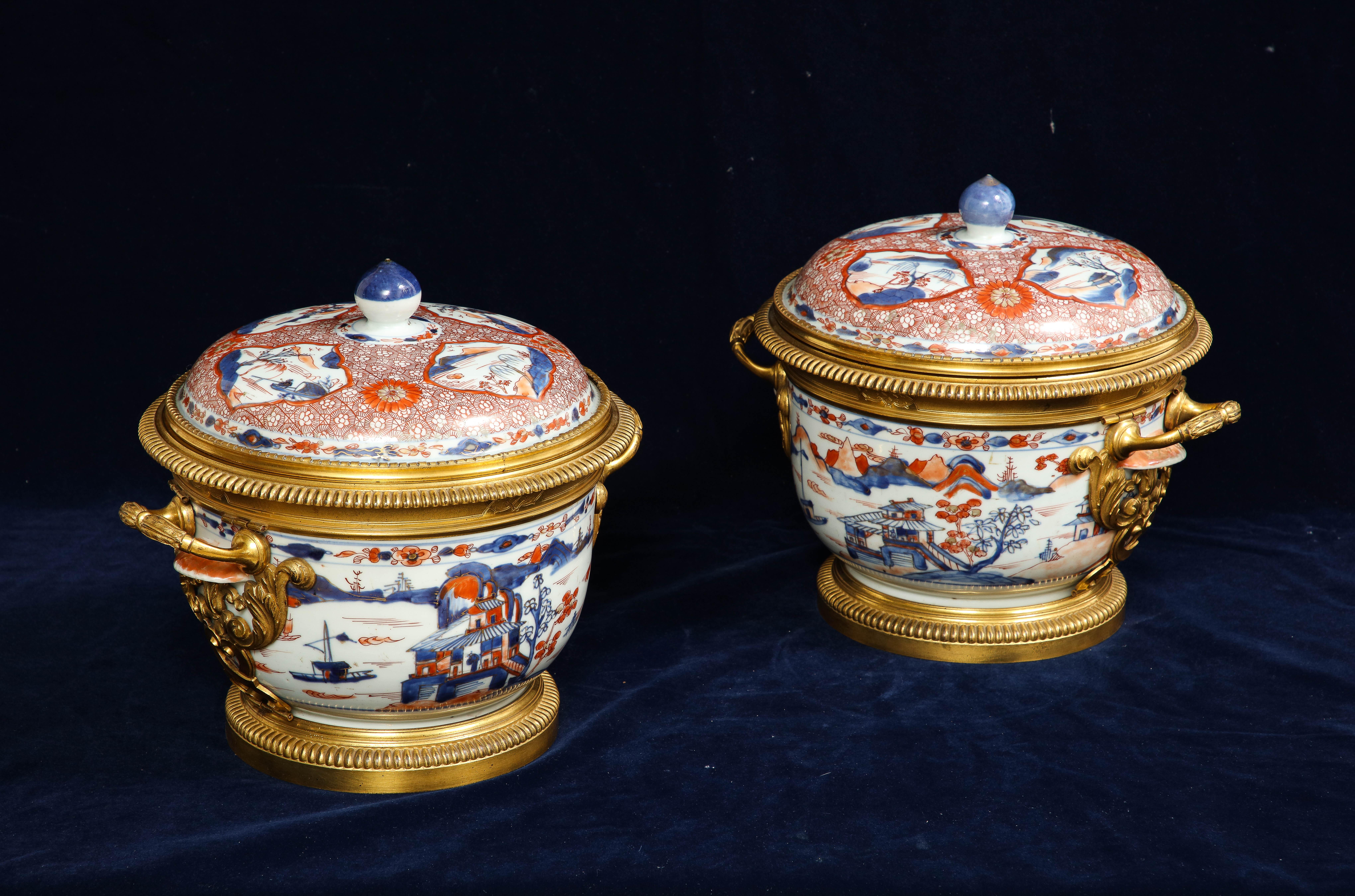 Hand-Carved Pair 18th C. Chinese Imari Porcelain & French Ormolu Mounted Covered Cachepots For Sale