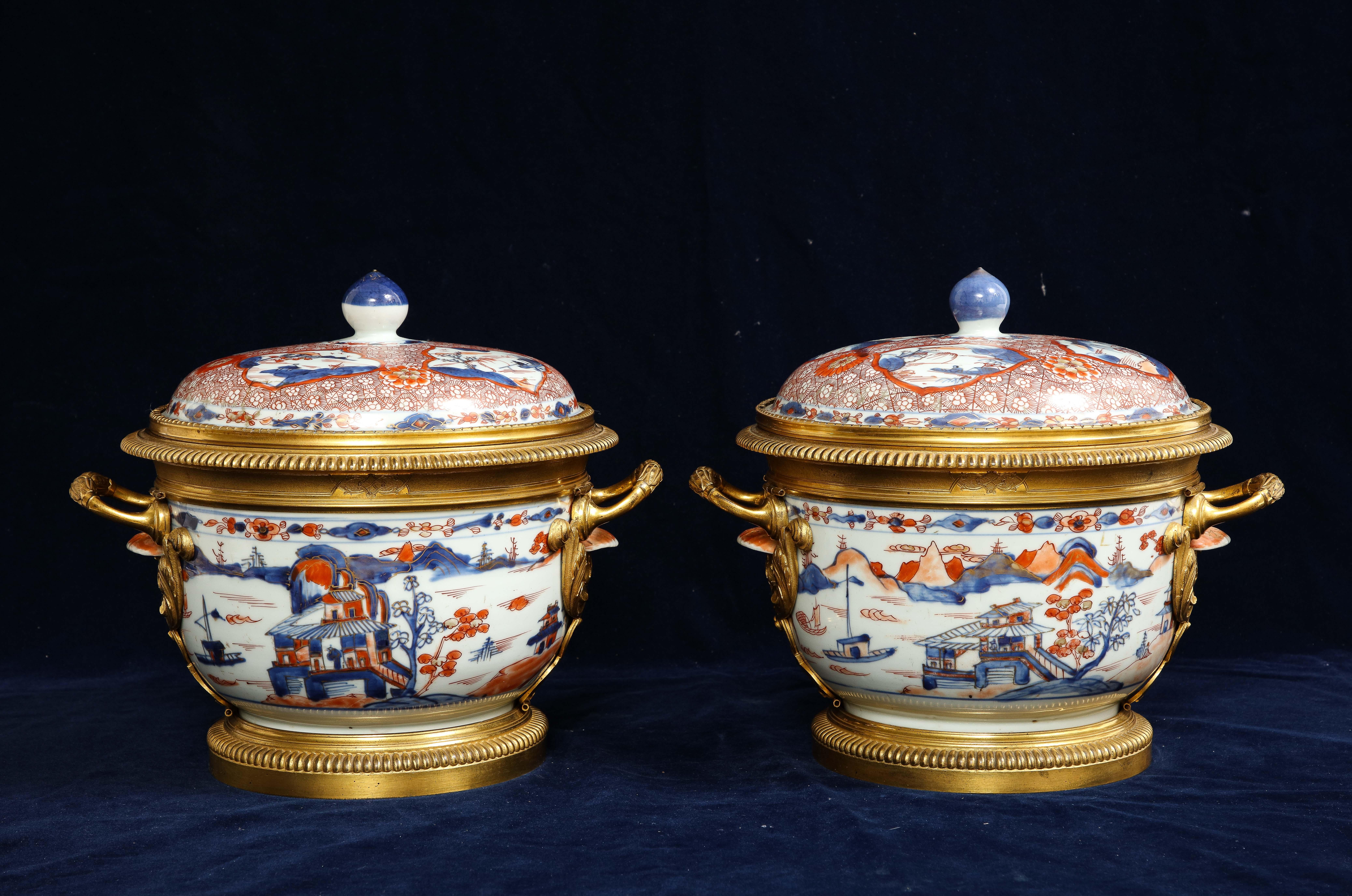Late 18th Century Pair 18th C. Chinese Imari Porcelain & French Ormolu Mounted Covered Cachepots For Sale