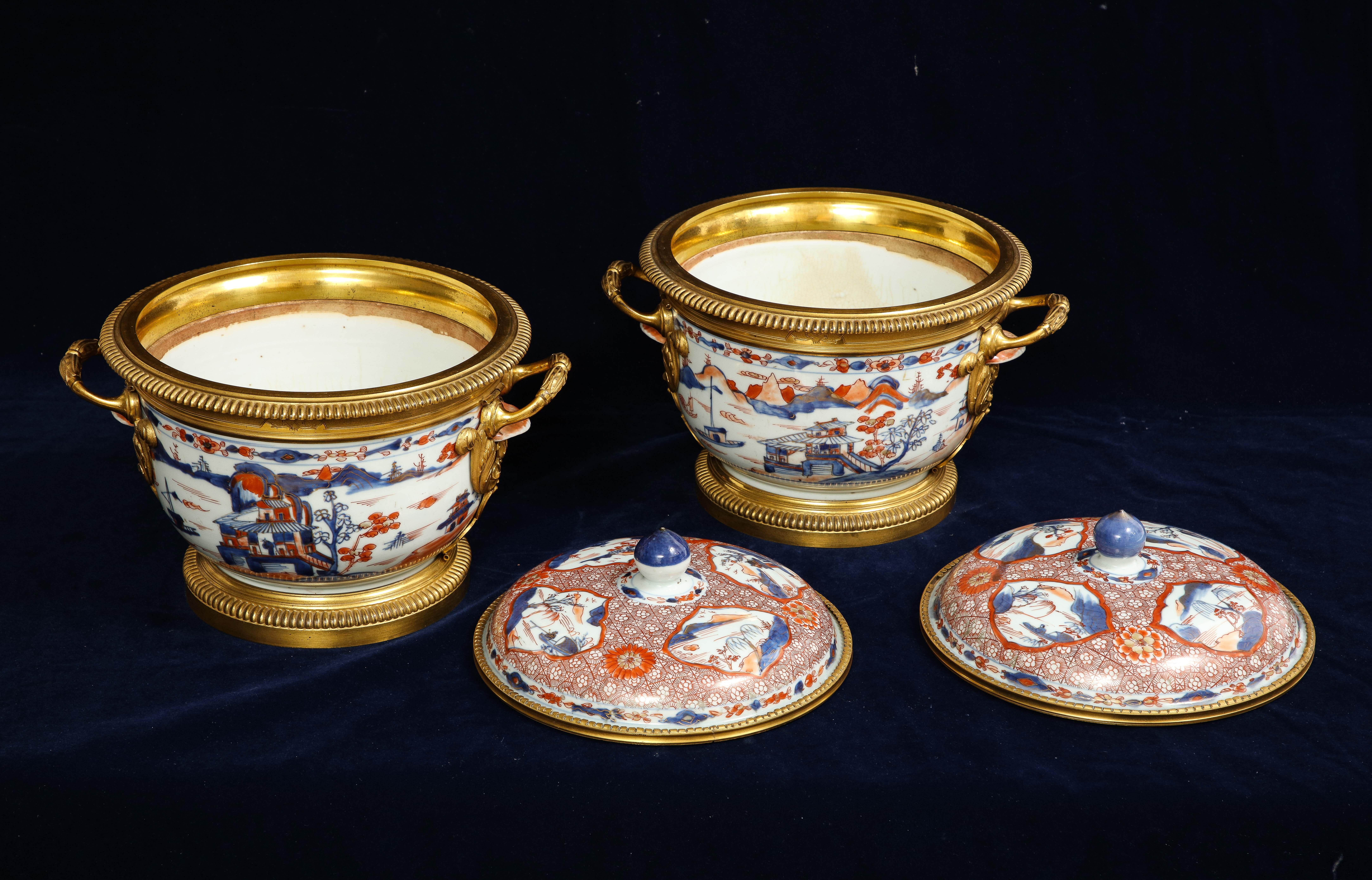 Bronze Pair 18th C. Chinese Imari Porcelain & French Ormolu Mounted Covered Cachepots For Sale