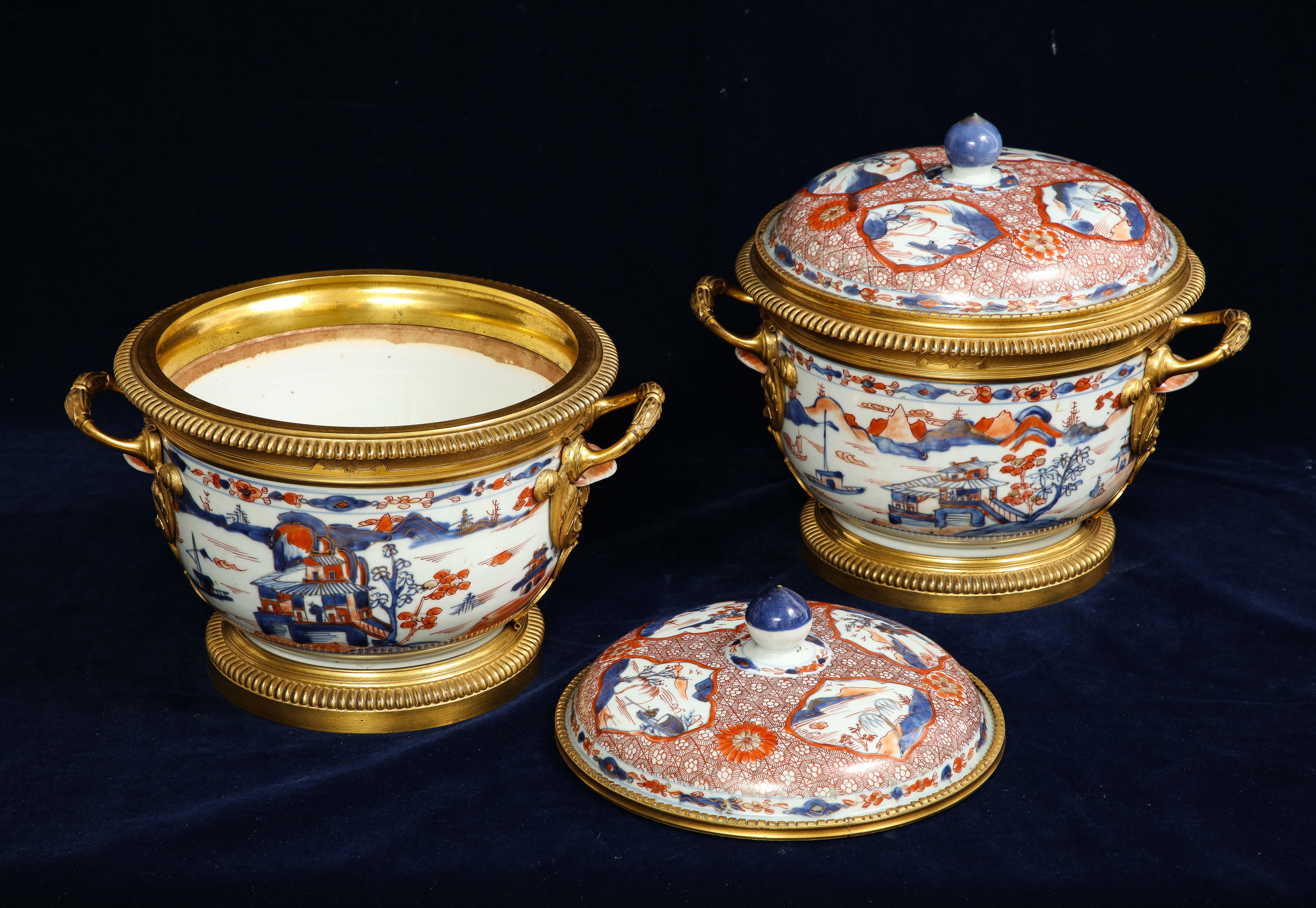 Pair 18th C. Chinese Imari Porcelain & French Ormolu Mounted Covered Cachepots For Sale 2
