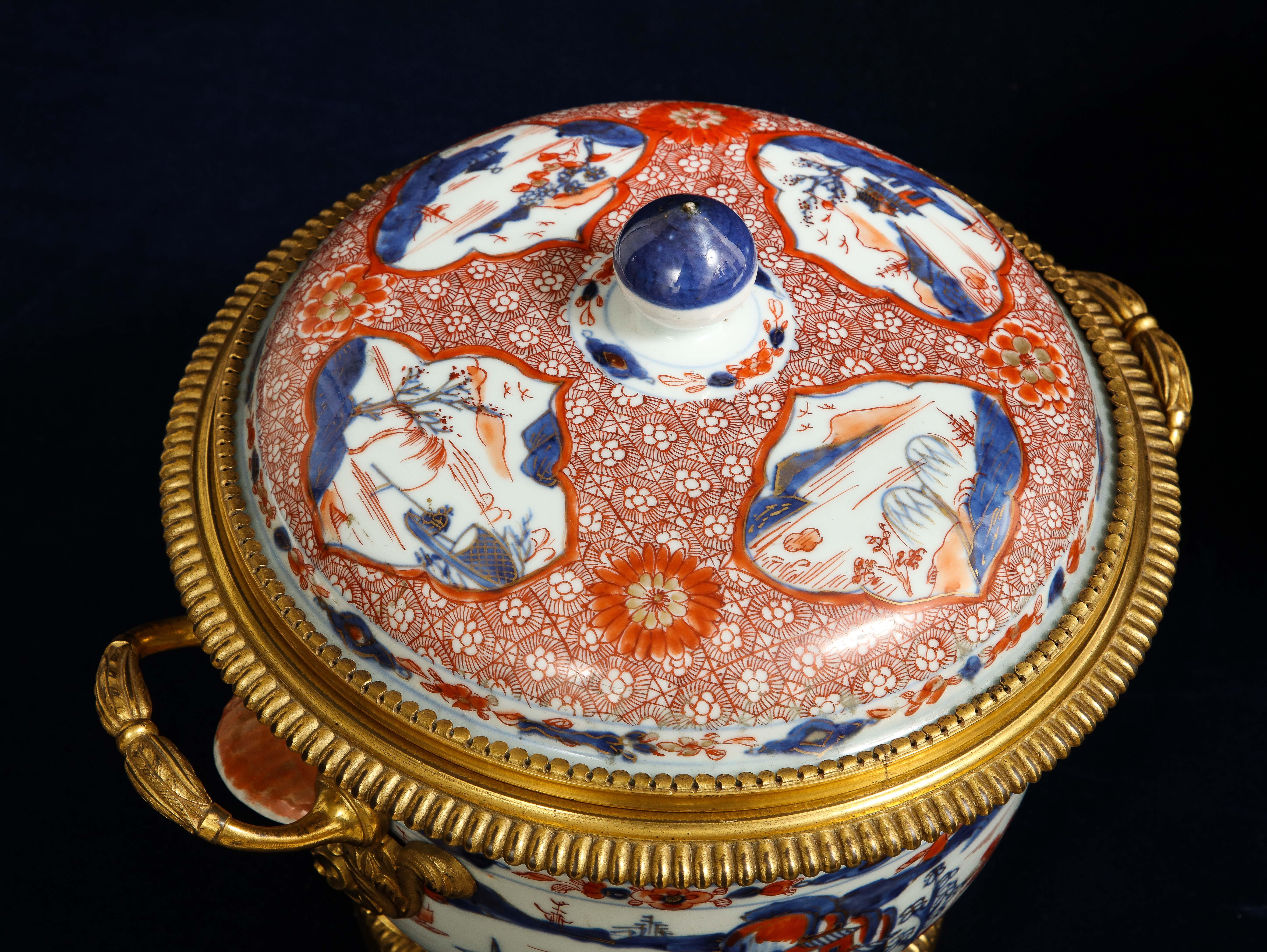 Pair 18th C. Chinese Imari Porcelain & French Ormolu Mounted Covered Cachepots For Sale 3