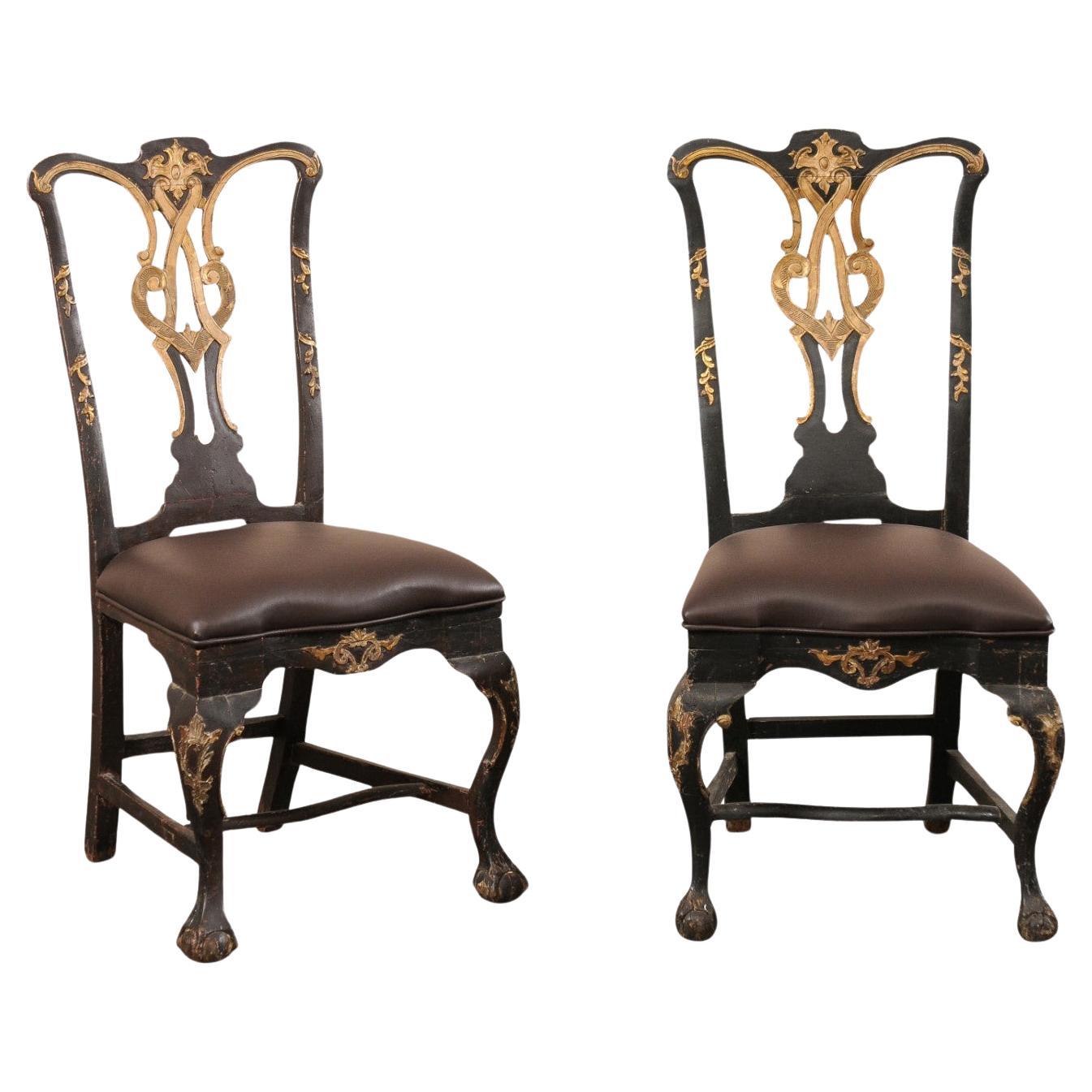 Pair 18th C. Danish Rococo Side Chairs with Leather Seats
