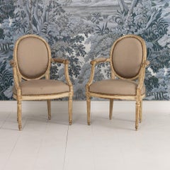 Pair 18th c. French Louis XVI Fauteuils in Original Paint, Signed